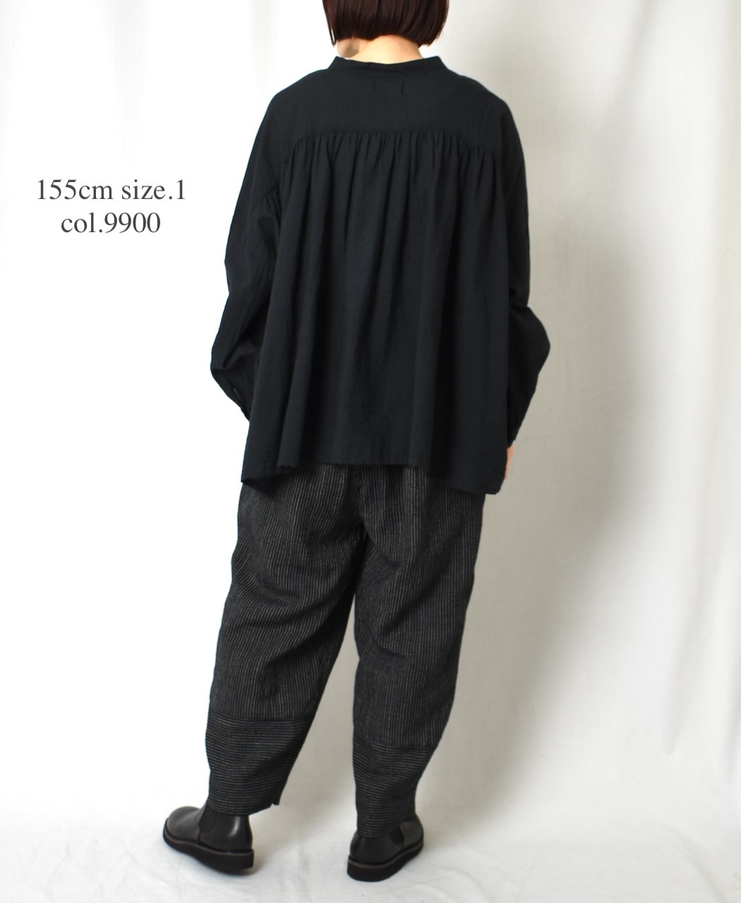 NSL25612(シャツ) COTTON DOBIE DOT PATCHWORK BANDED COLLAR GATHERED SHIRT