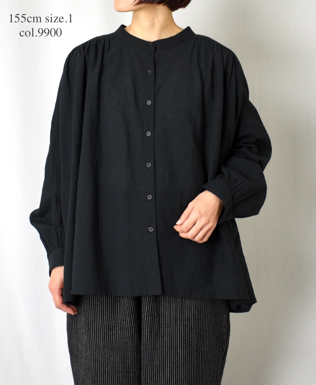 NSL25612(シャツ) COTTON DOBIE DOT PATCHWORK BANDED COLLAR GATHERED SHIRT