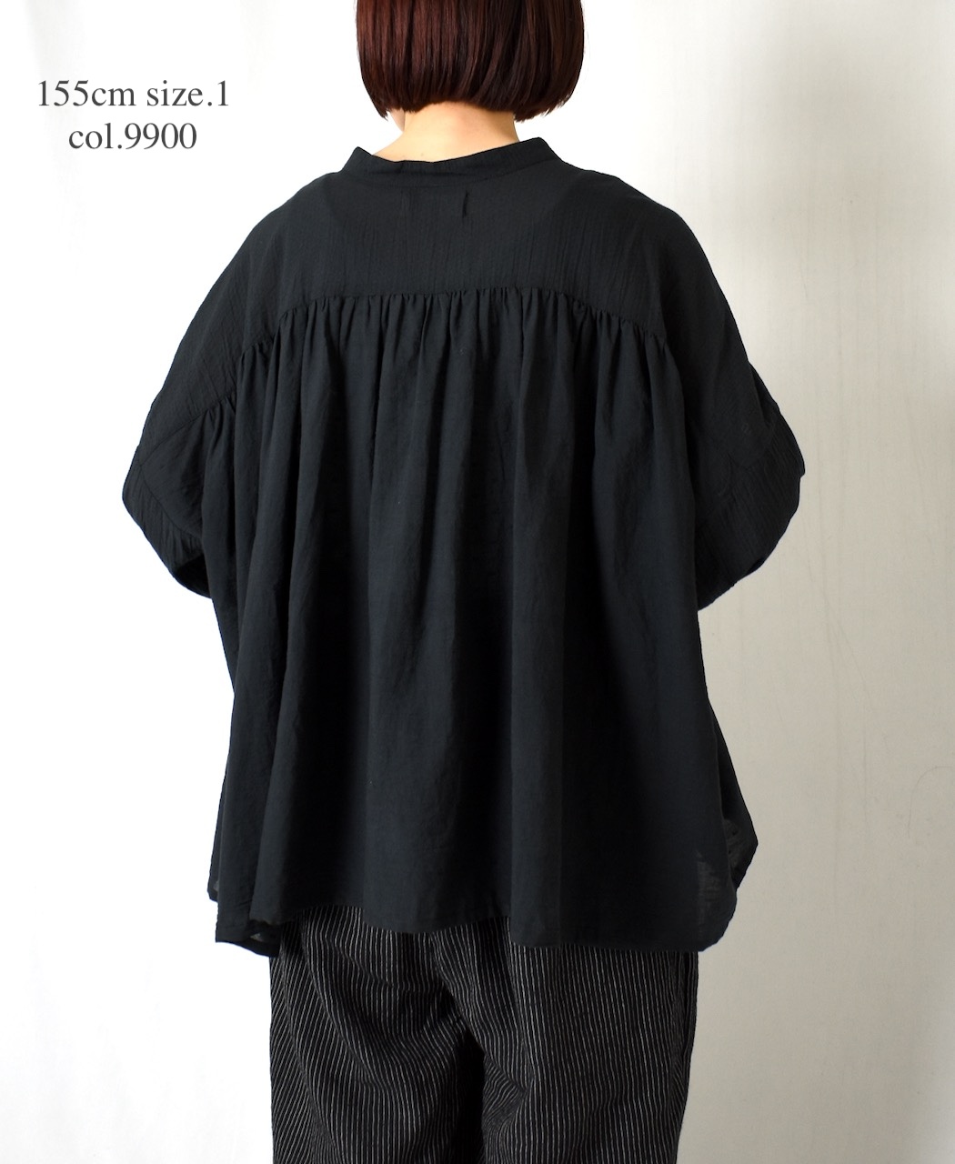 NSL25612(シャツ) COTTON DOBIE DOT PATCHWORK BANDED COLLAR GATHERED SHIRT