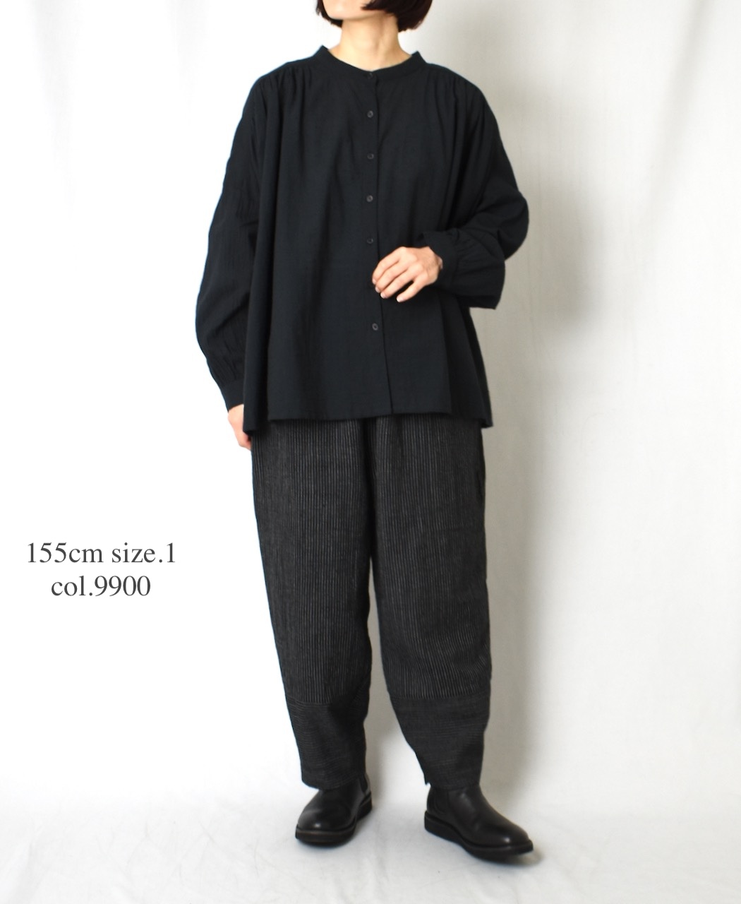 NSL25612(シャツ) COTTON DOBIE DOT PATCHWORK BANDED COLLAR GATHERED SHIRT