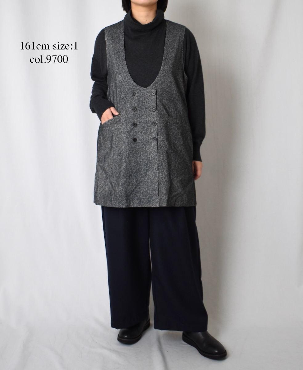 NSL25584(ベスト) CORDUROY SMALL FLOWER PRINT U-NECK LONG VEST WITH SIDE SLIT