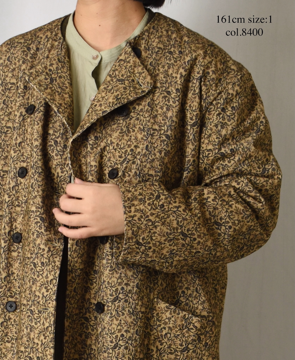 NSL25582(ジャケット) CORDUROY SMALL FLOWER PRINT NO COLLAR DOUBLE LONG JACKET