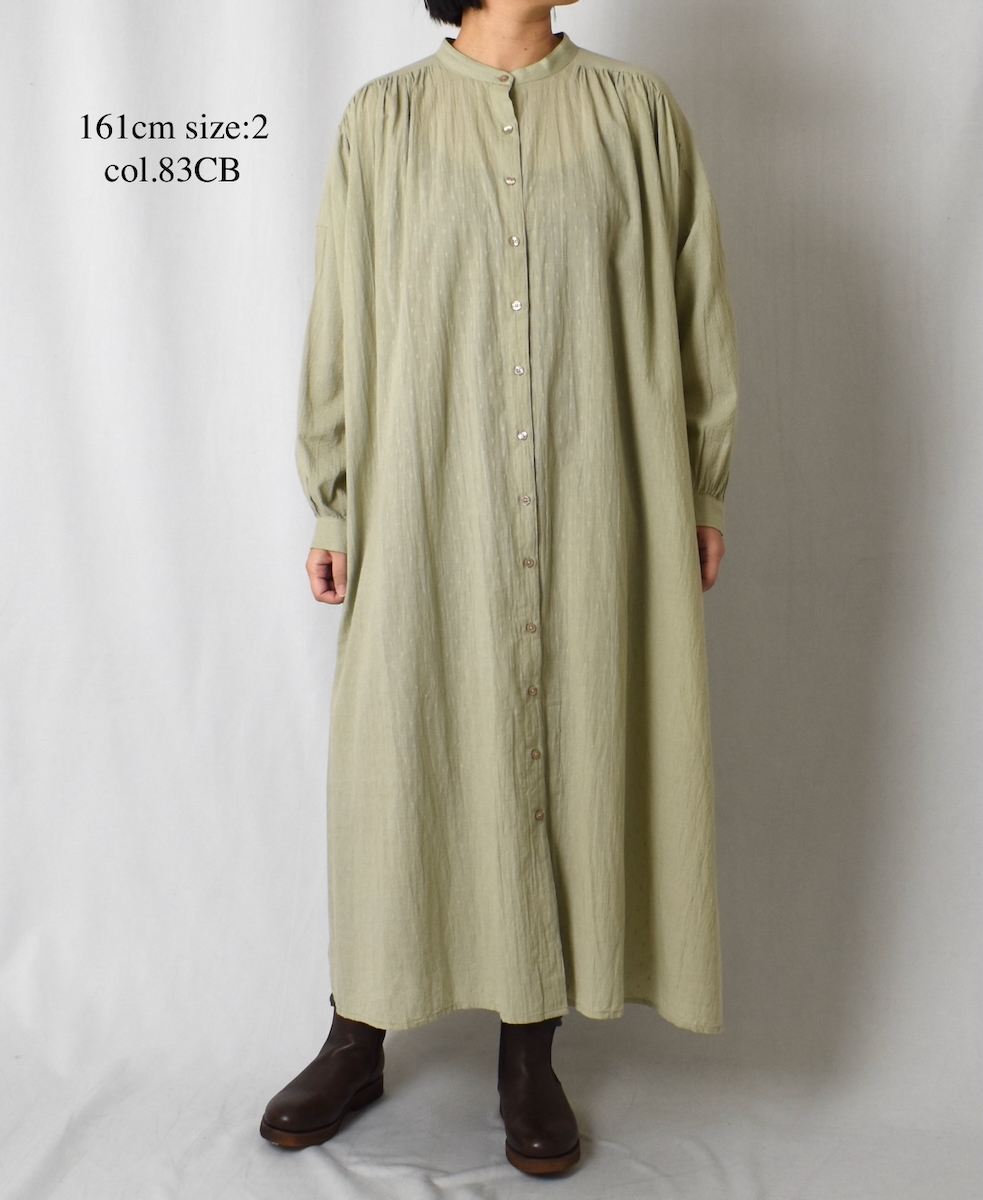 NSL25614(ワンピース) COTTON DOBIE DOT PATCHWORK BANDED COLLAR GATHERED SHIRT DRESS