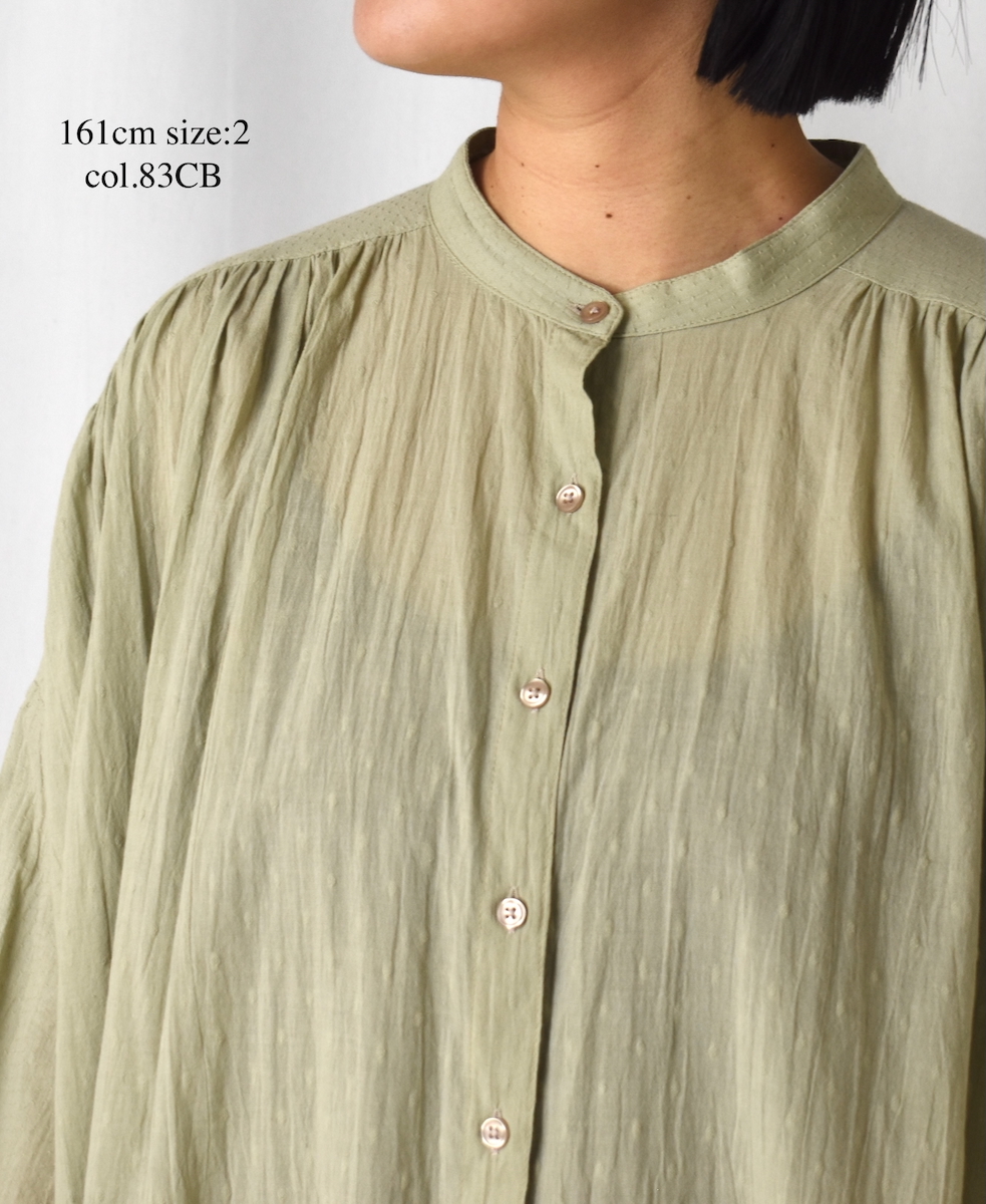 NSL25614(ワンピース) COTTON DOBIE DOT PATCHWORK BANDED COLLAR GATHERED SHIRT DRESS