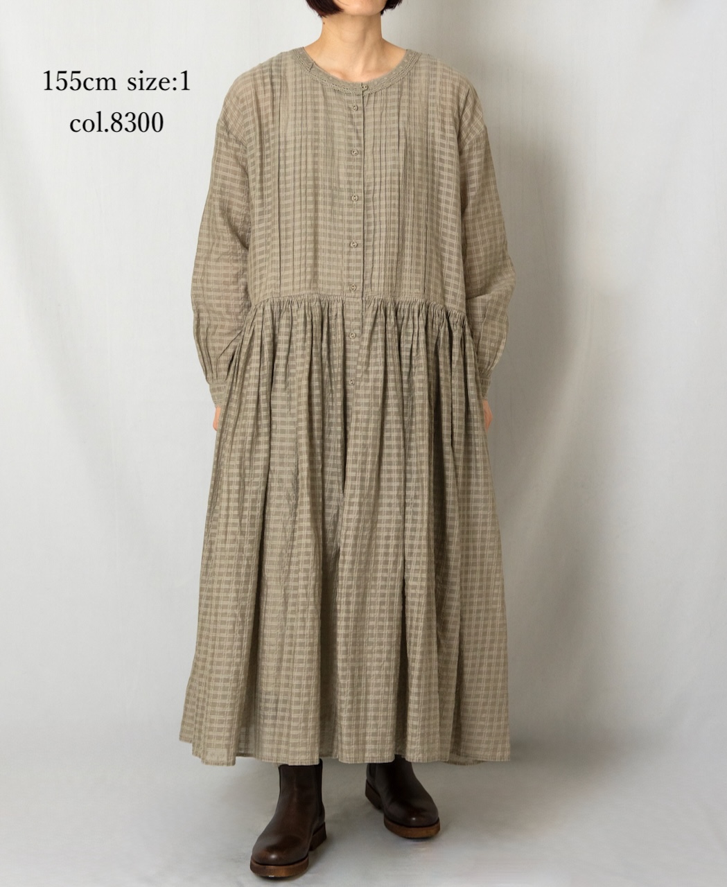 INMDS25714(ワンピース) HANDWOVEN COTTON/SILK SELF CHECK LACE COLLAR DRESS WITH PINTUCK