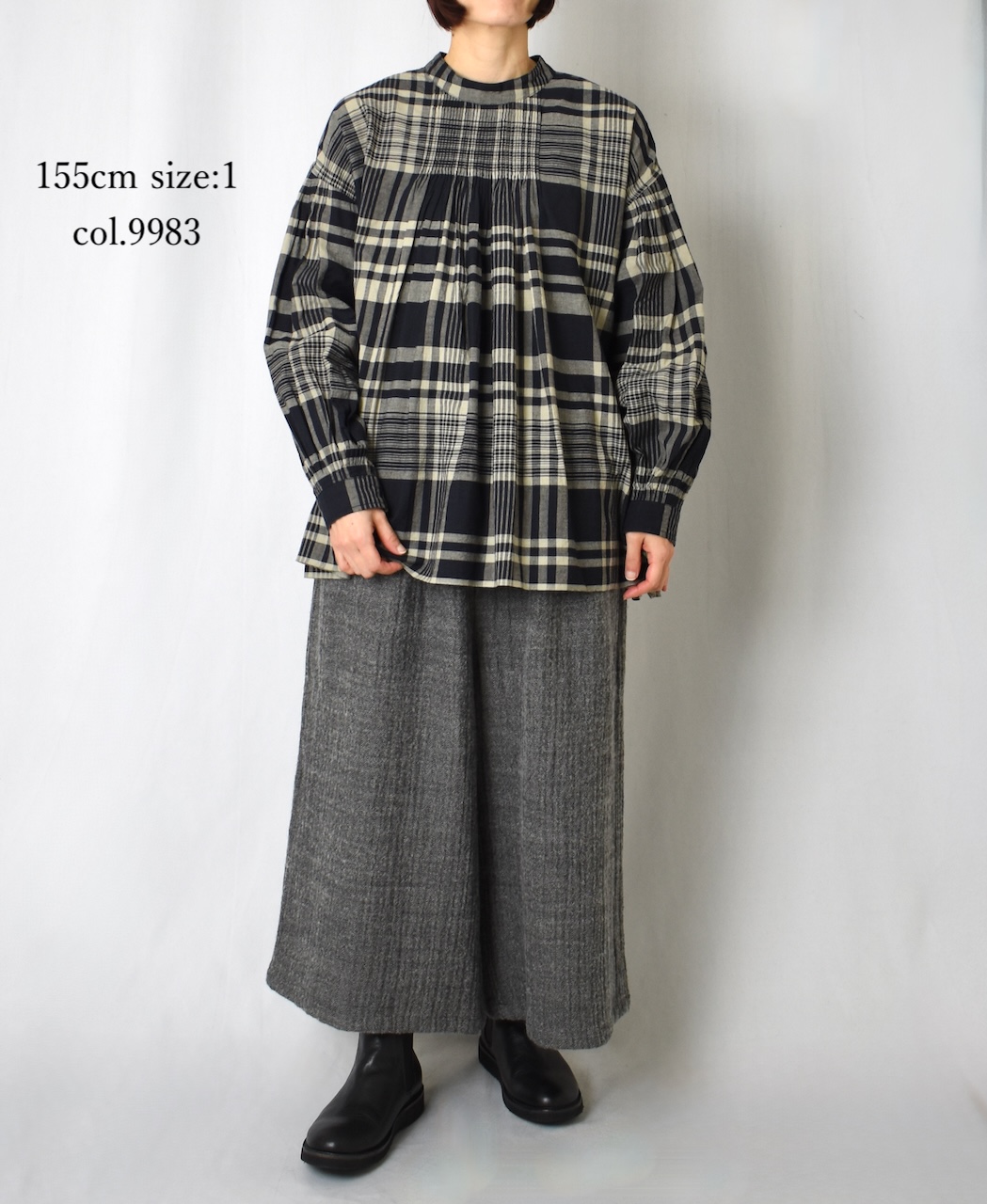 INMDS25732(シャツ) HANDWOVEN HEAVY COTTON CHECK BACK OPENING STAND COLLAR SHIRT WITH MINI PINTUCK