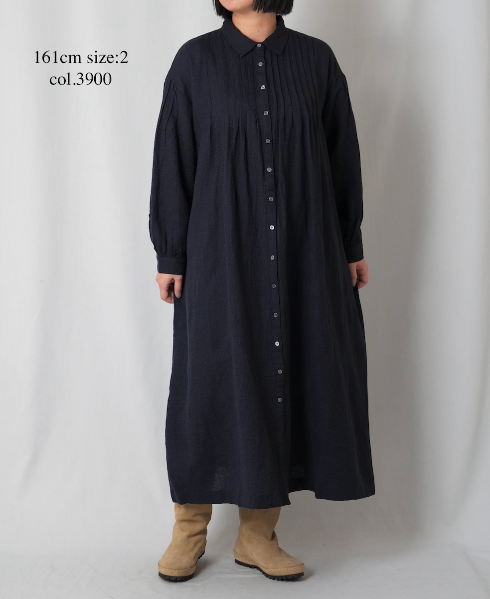 INSL25704(ワンピース) WOOL/LINEN PLAIN REGULAR COLLAR DRESS WITH PINTUCK
