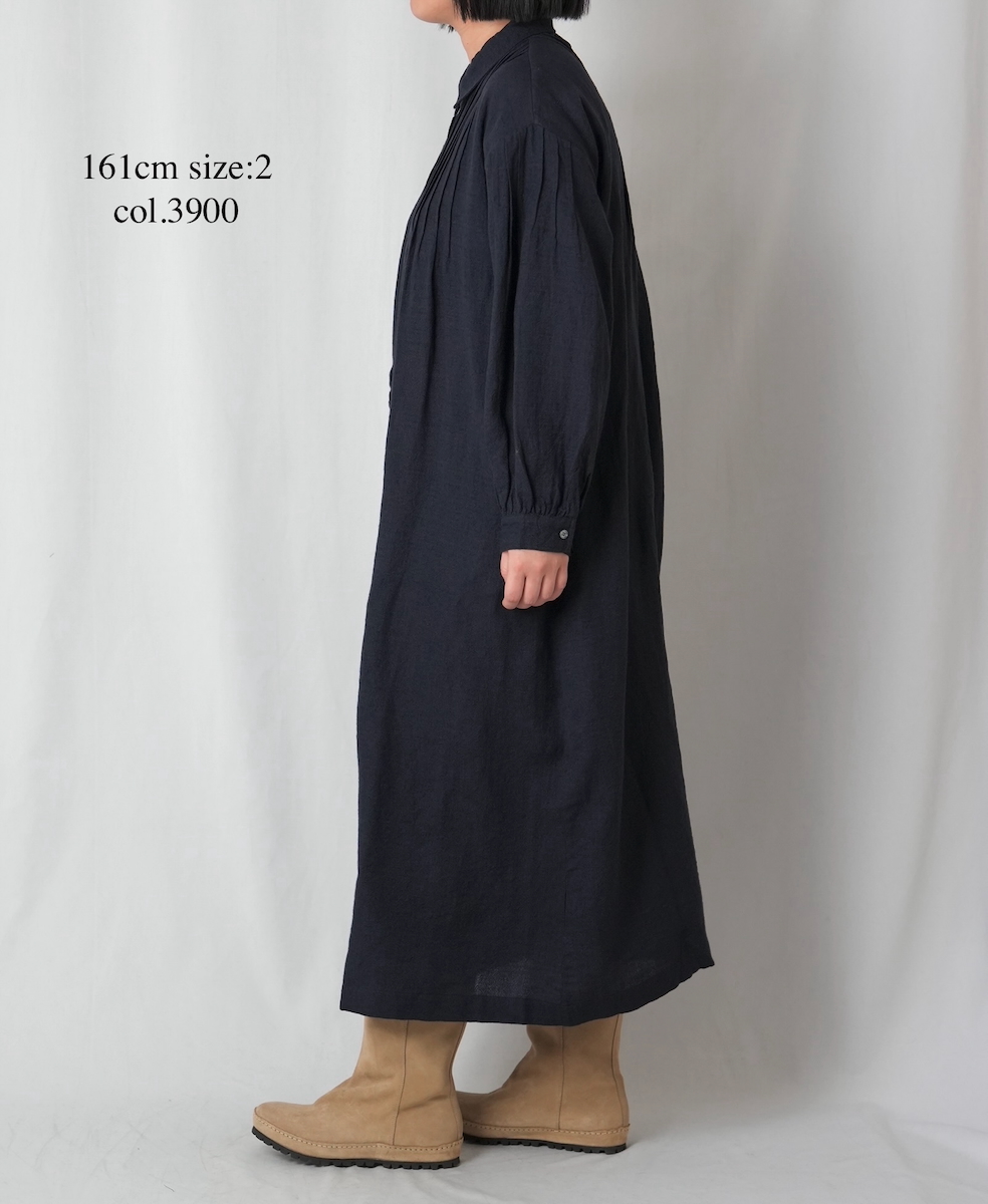 INSL25704(ワンピース) WOOL/LINEN PLAIN REGULAR COLLAR DRESS WITH PINTUCK