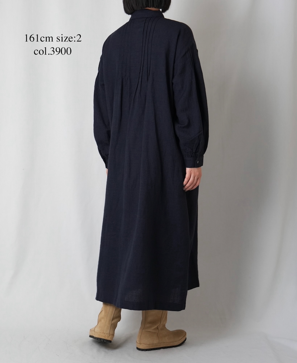 INSL25704(ワンピース) WOOL/LINEN PLAIN REGULAR COLLAR DRESS WITH PINTUCK