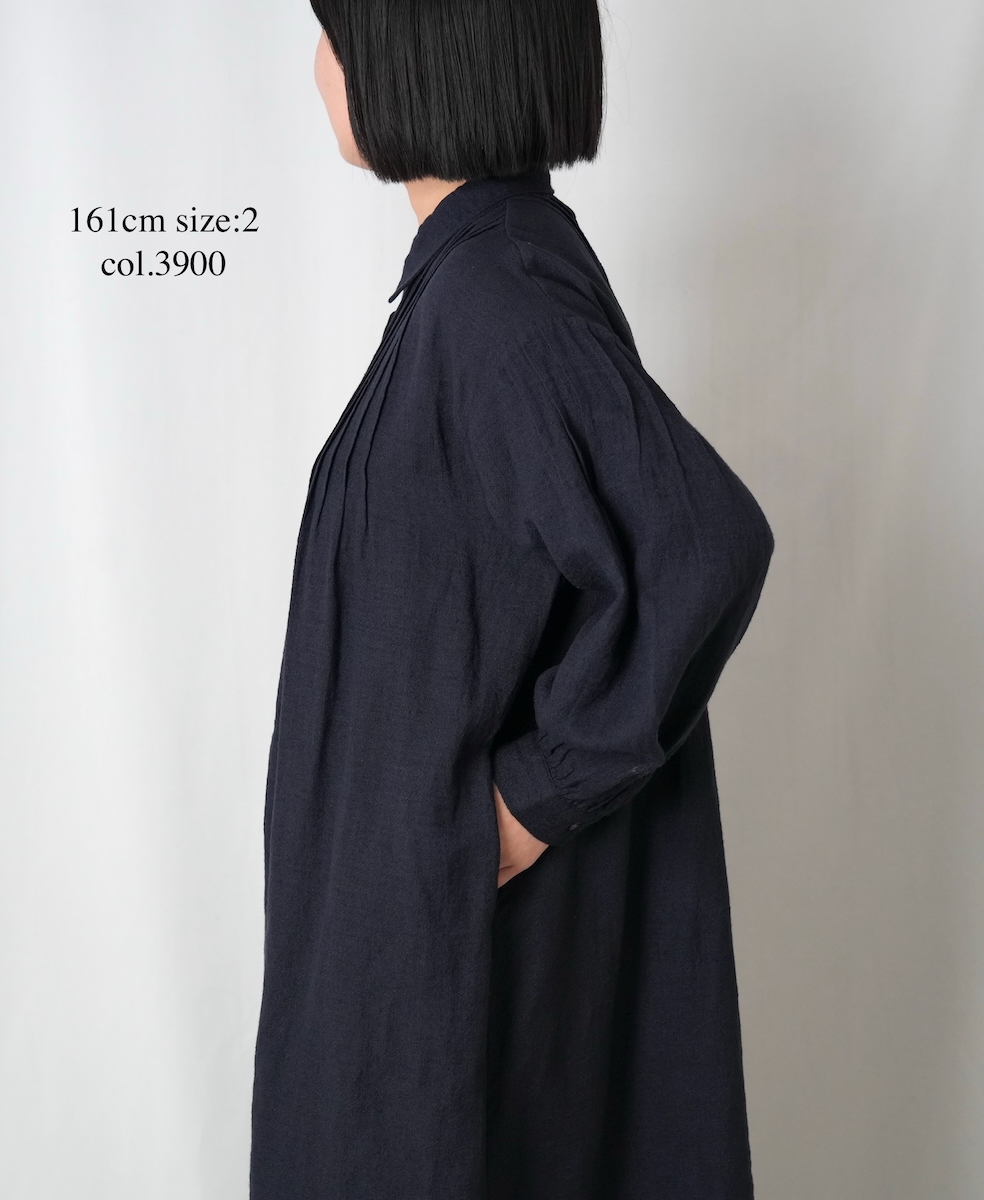 INSL25704(ワンピース) WOOL/LINEN PLAIN REGULAR COLLAR DRESS WITH PINTUCK