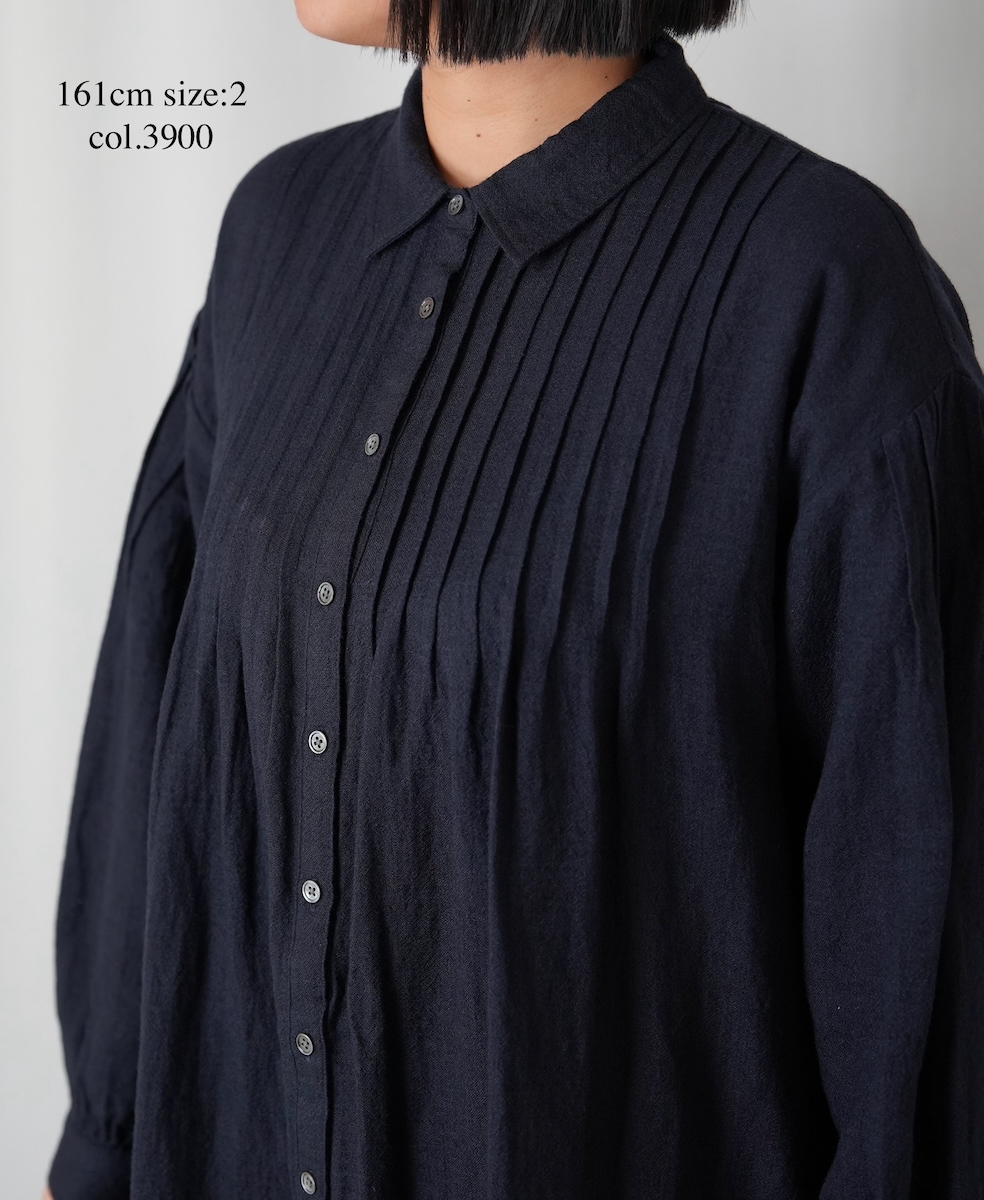 INSL25704(ワンピース) WOOL/LINEN PLAIN REGULAR COLLAR DRESS WITH PINTUCK