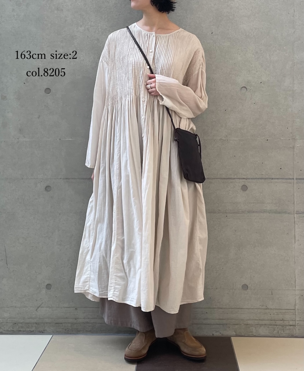 ●NMDS25514D(ワンピース) 80s ORGANIC COTTON SMALL CHECK&VOILE PLAIN(OVER DYE) CREW NECK BUTTON SHIRT MAXI DRESS WITH PINTUCK