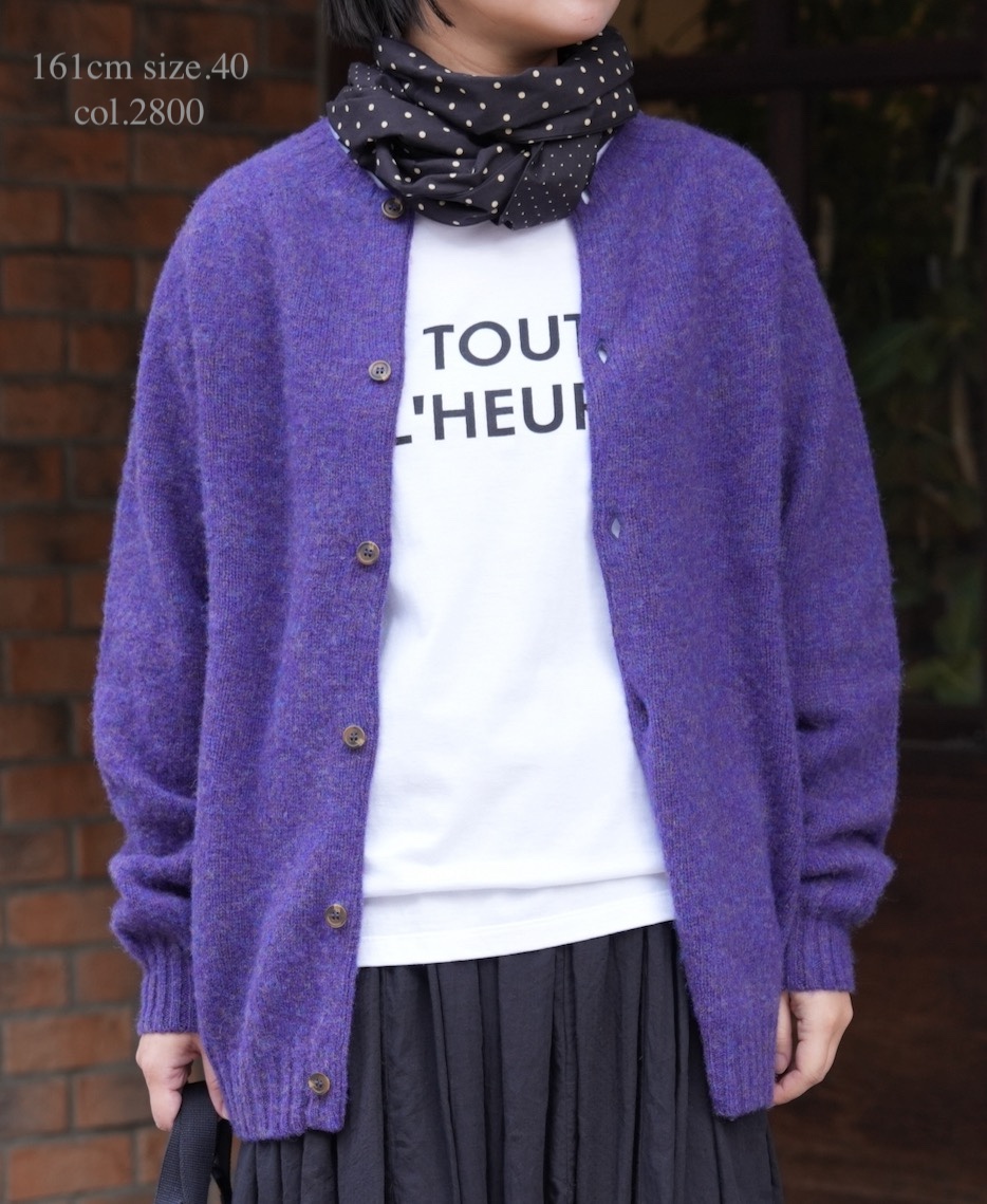 NJT2351 (ニット) SHETLAND WOOL PLAIN HEAVY BRUSH SEAM FREE CREW NECK SADDLE SHOULDER CARDIGAN