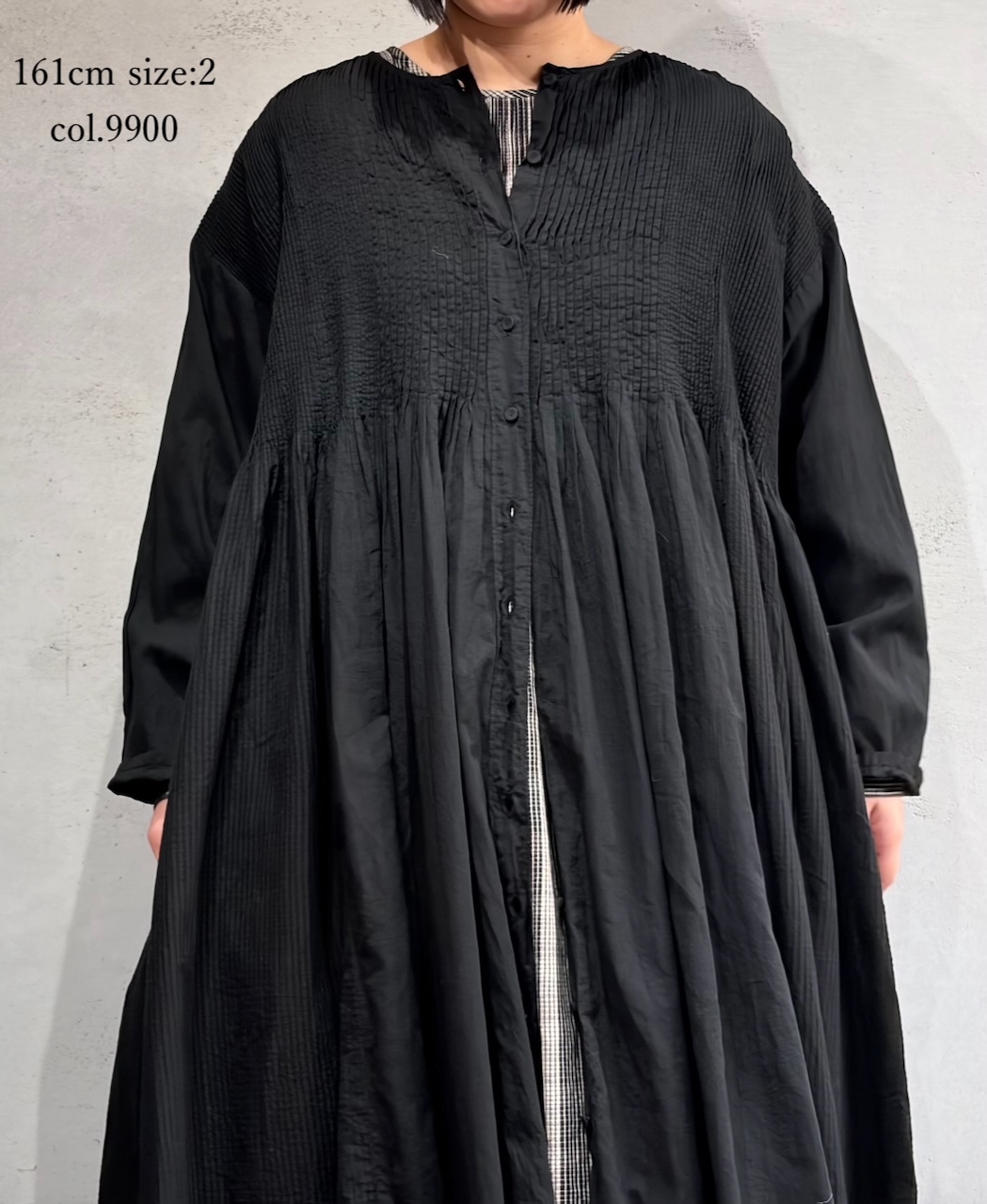 ●NMDS25514D(ワンピース) 80s ORGANIC COTTON SMALL CHECK&VOILE PLAIN(OVER DYE) CREW NECK BUTTON SHIRT MAXI DRESS WITH PINTUCK