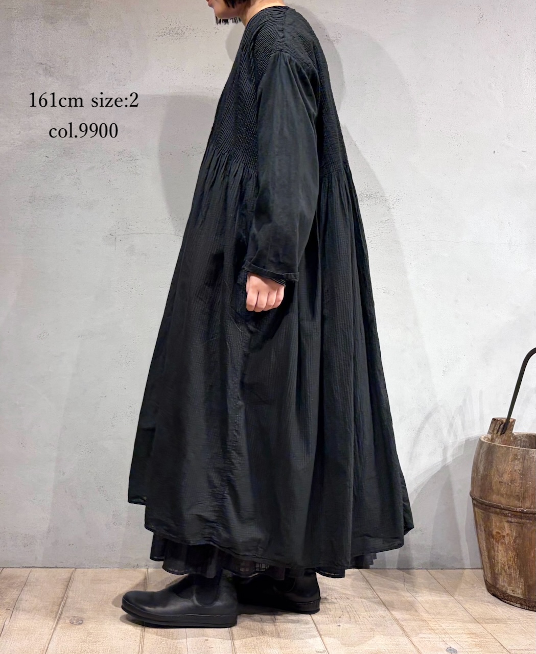 ●NMDS25514D(ワンピース) 80s ORGANIC COTTON SMALL CHECK&VOILE PLAIN(OVER DYE) CREW NECK BUTTON SHIRT MAXI DRESS WITH PINTUCK