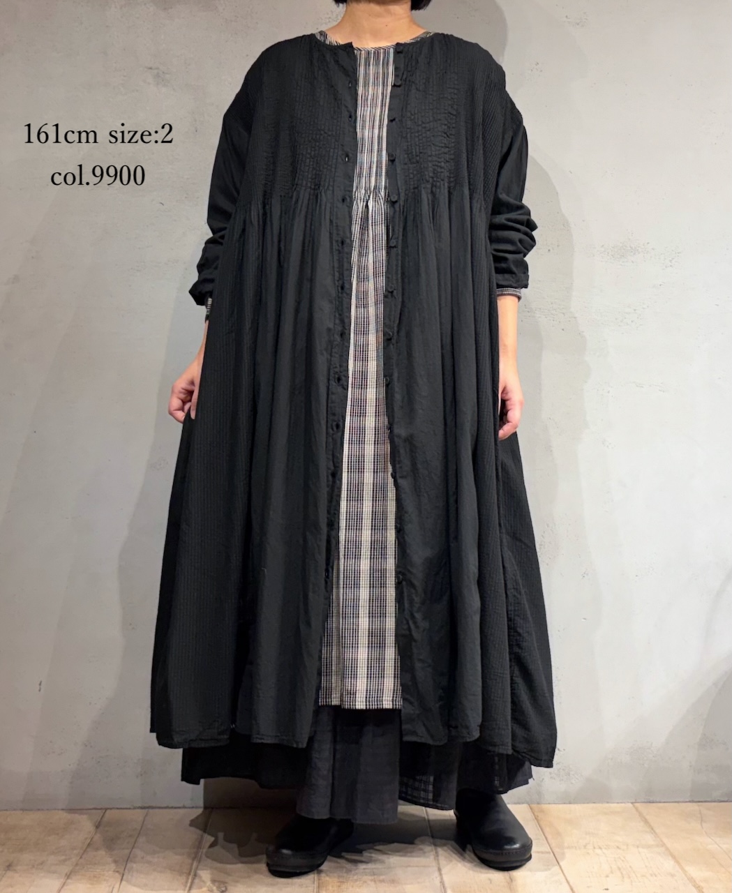 ●NMDS25514D(ワンピース) 80s ORGANIC COTTON SMALL CHECK&VOILE PLAIN(OVER DYE) CREW NECK BUTTON SHIRT MAXI DRESS WITH PINTUCK