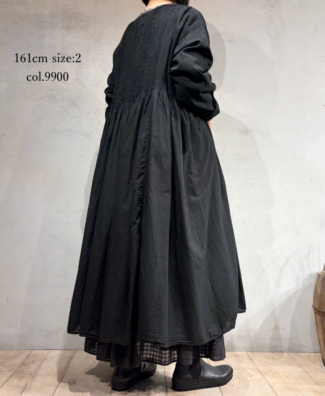 ●NMDS25514D(ワンピース) 80s ORGANIC COTTON SMALL CHECK&VOILE PLAIN(OVER DYE) CREW NECK BUTTON SHIRT MAXI DRESS WITH PINTUCK