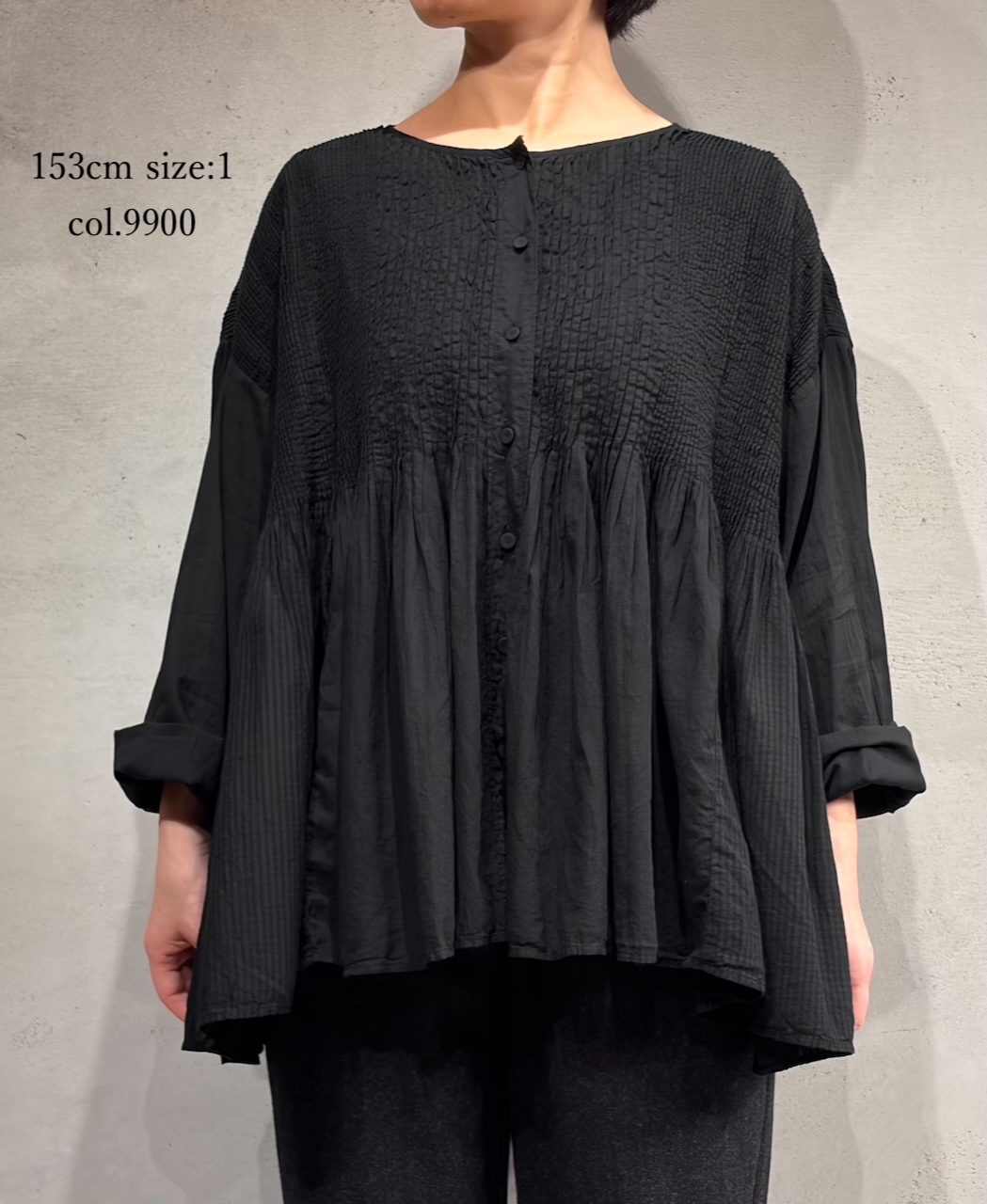 ●NMDS25513D(シャツ) 80s ORGANIC COTTON SMALL CHECK&VOILE PLAIN(OVER DYE) CREW NECK BUTTON SHIRT WITH PINTUCK