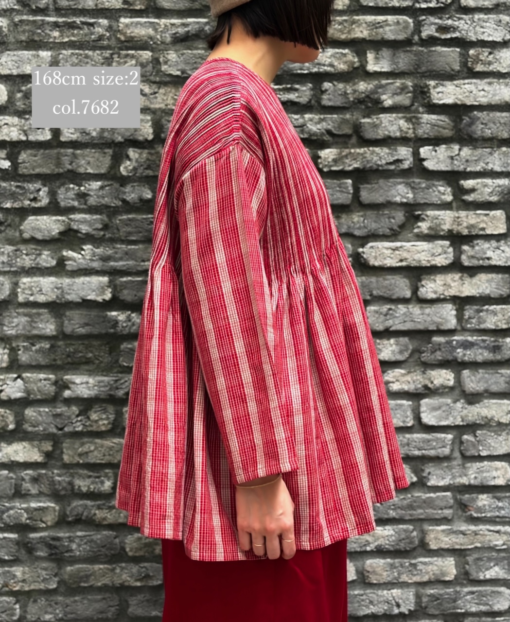 NMDS25592(シャツ) WOOL COTTON CHECK CREW-NECK BUTTON SHIRT WITH PINTUCK