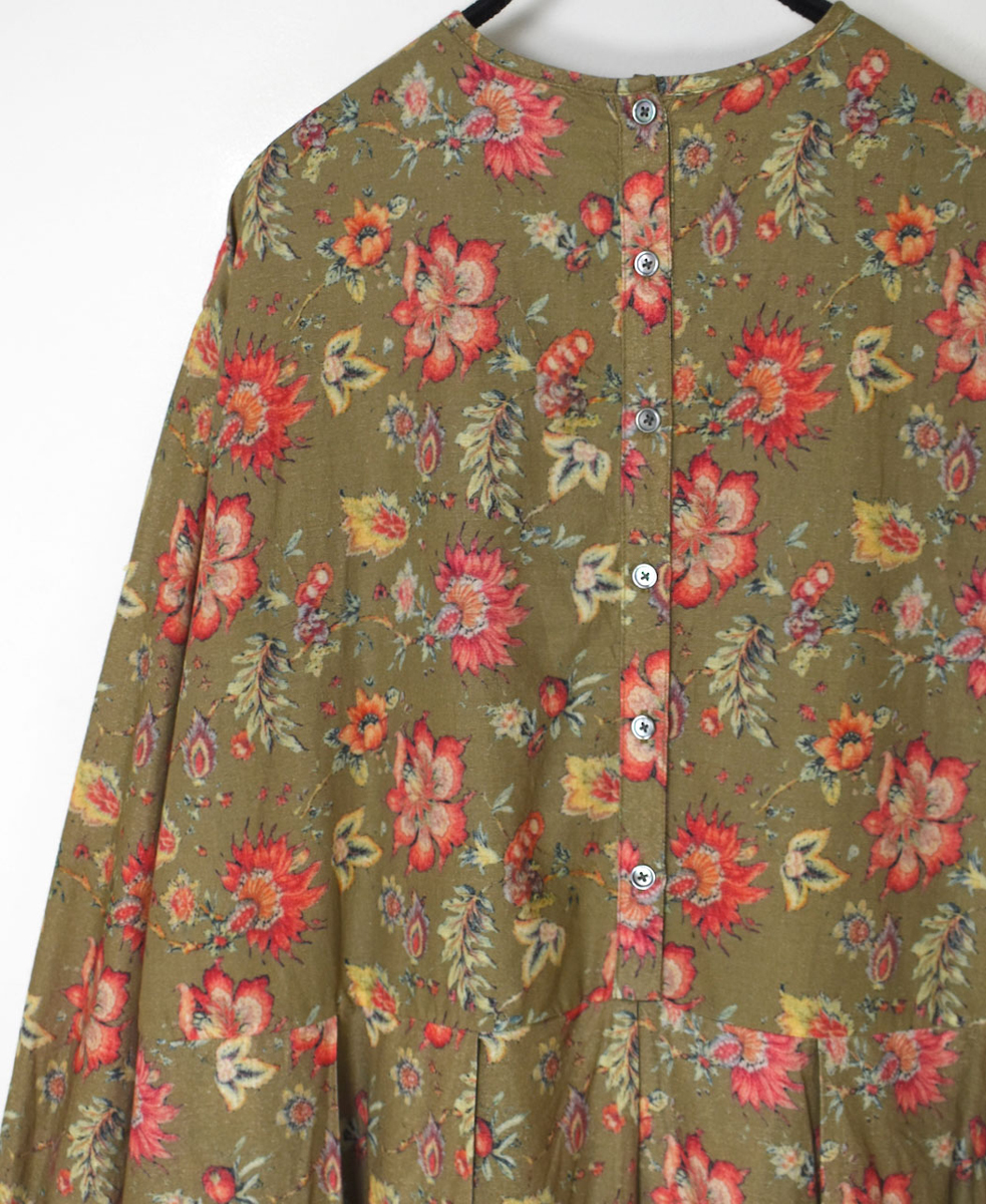 INSL24734(ワンピース) 60s CAMBRIC FLOWER PRINT CREW NECK PLEATS L/SL DRESS