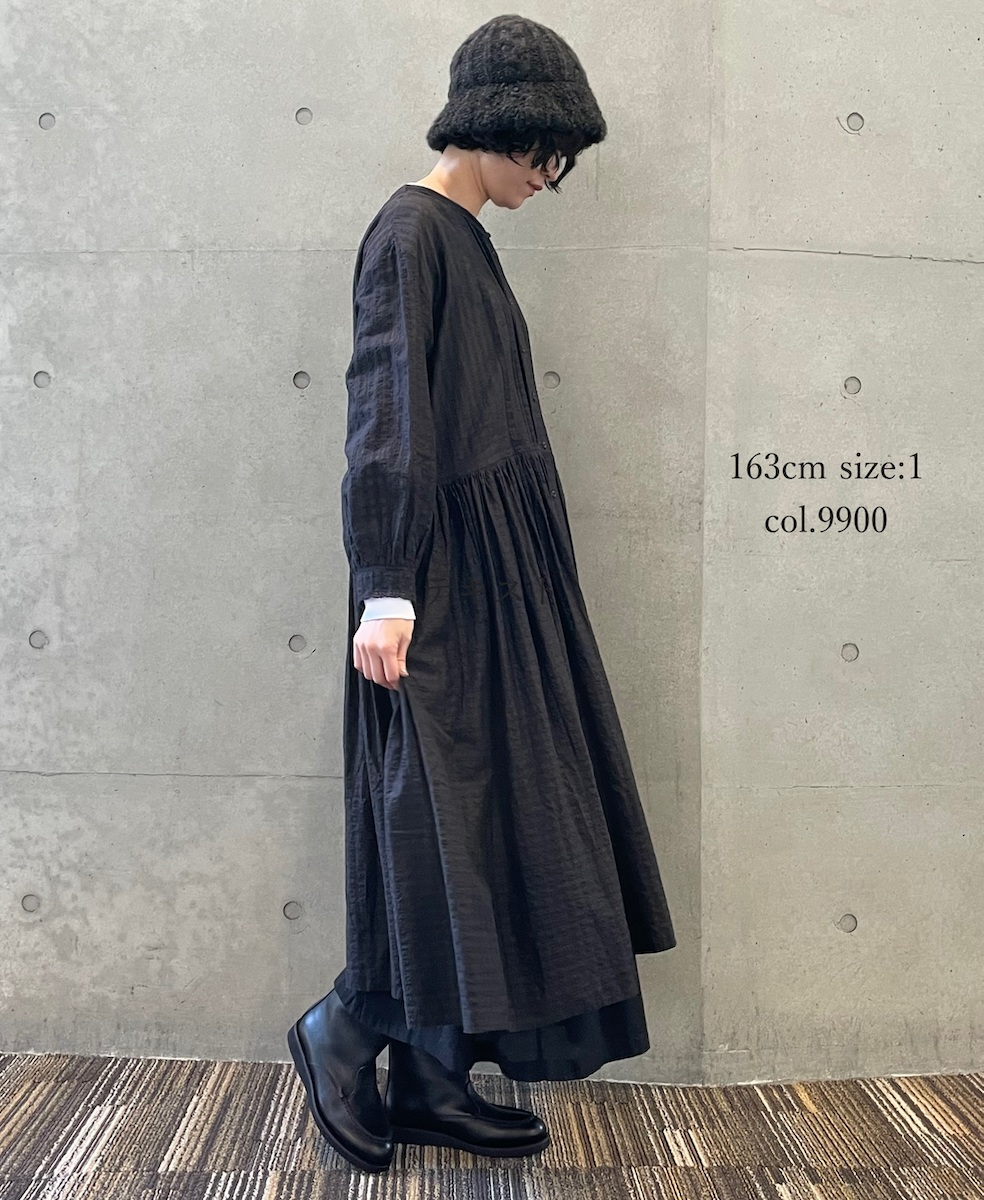 INMDS25714(ワンピース) HANDWOVEN COTTON/SILK SELF CHECK LACE COLLAR DRESS WITH PINTUCK