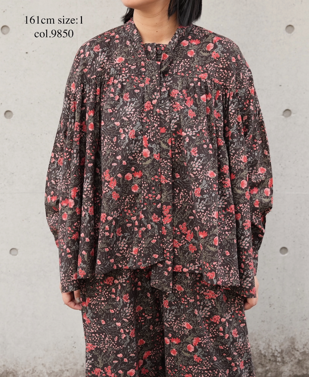 NSL25592(シャツ) 60s CAMBRIC FLOWER PRINT TAI GATHER FLY FRONT SHIRT