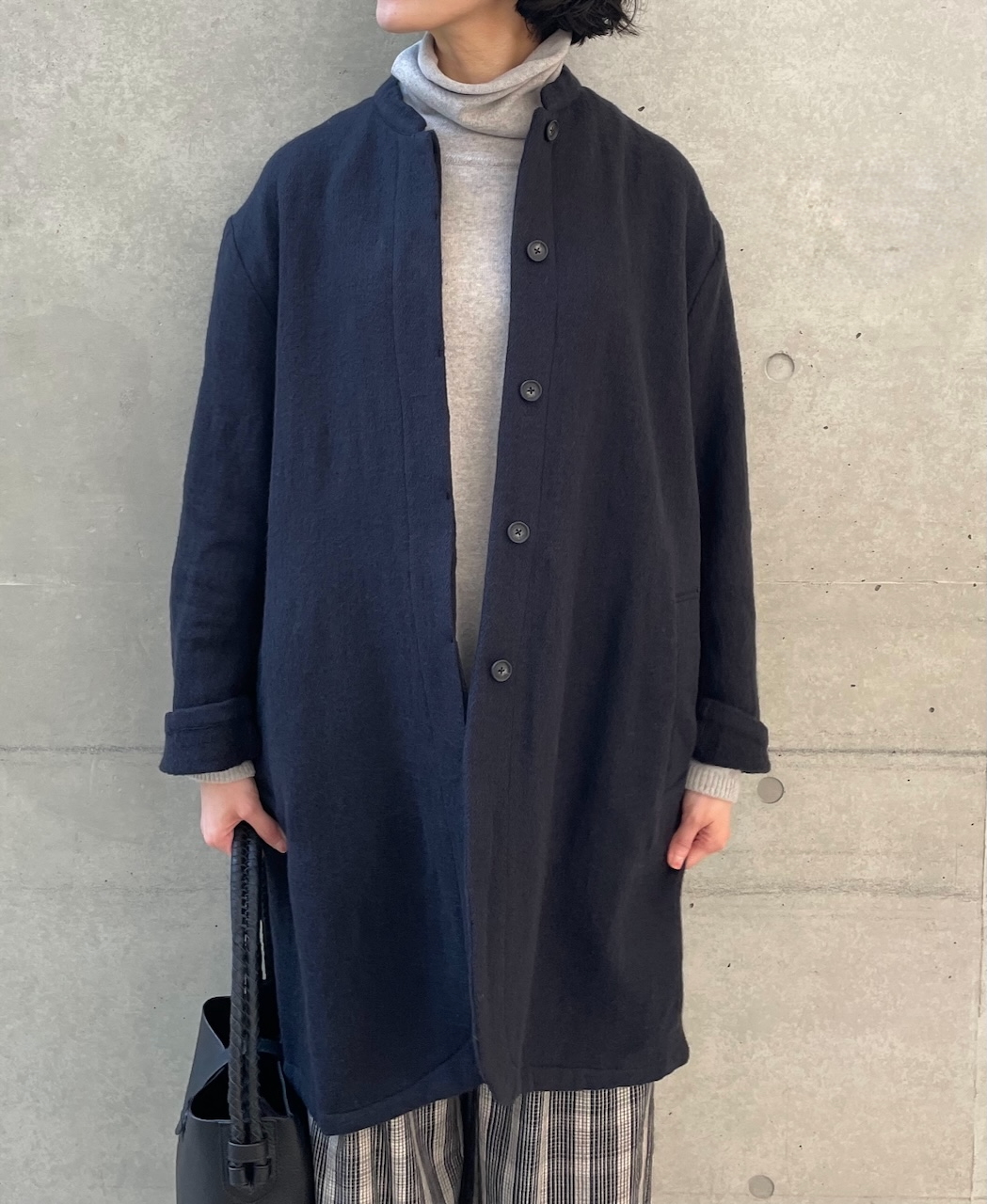 ●NMDS24552(コート) WOOL COTTON SMALL HERRINGBONE STAND COLLAR FLY FRONT COAT