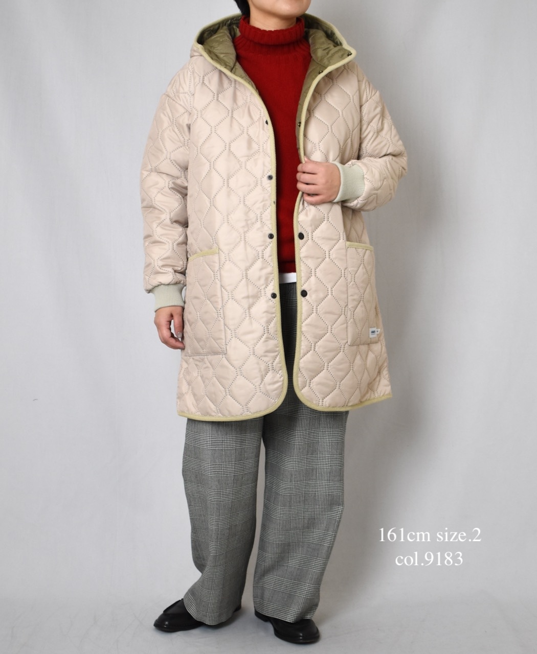 NAM2562PP(コート) PLAIN POLYESTERxPLAIN POLYESTER HEAT QUILT OVERSIZED MID-LENGTH HOODED COAT WITH RIBBED CUFF