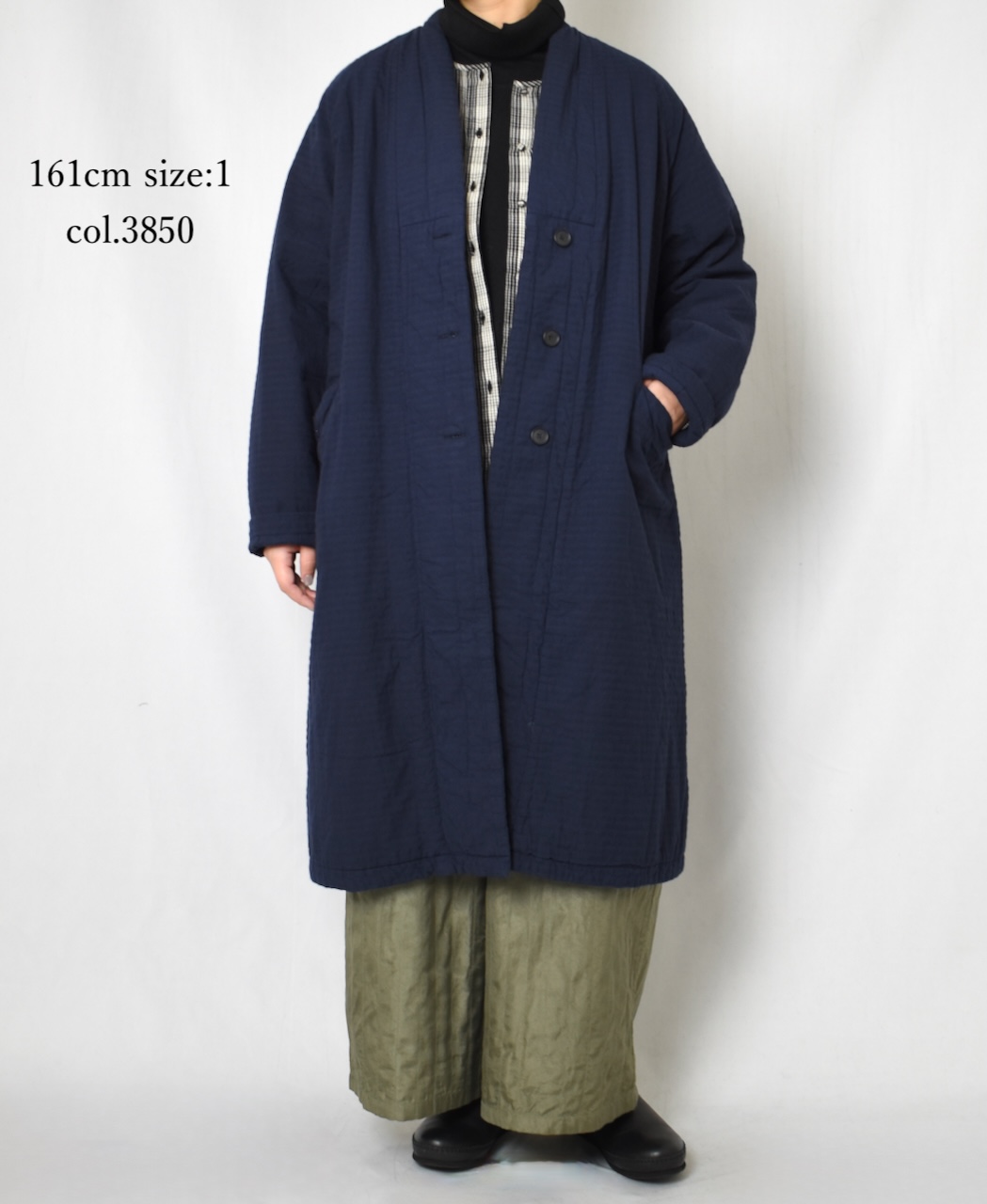 NMDS25561D(コート) PADDED ORGANIC COTTON CHECK (OVER DYE) V-COLLAR COAT