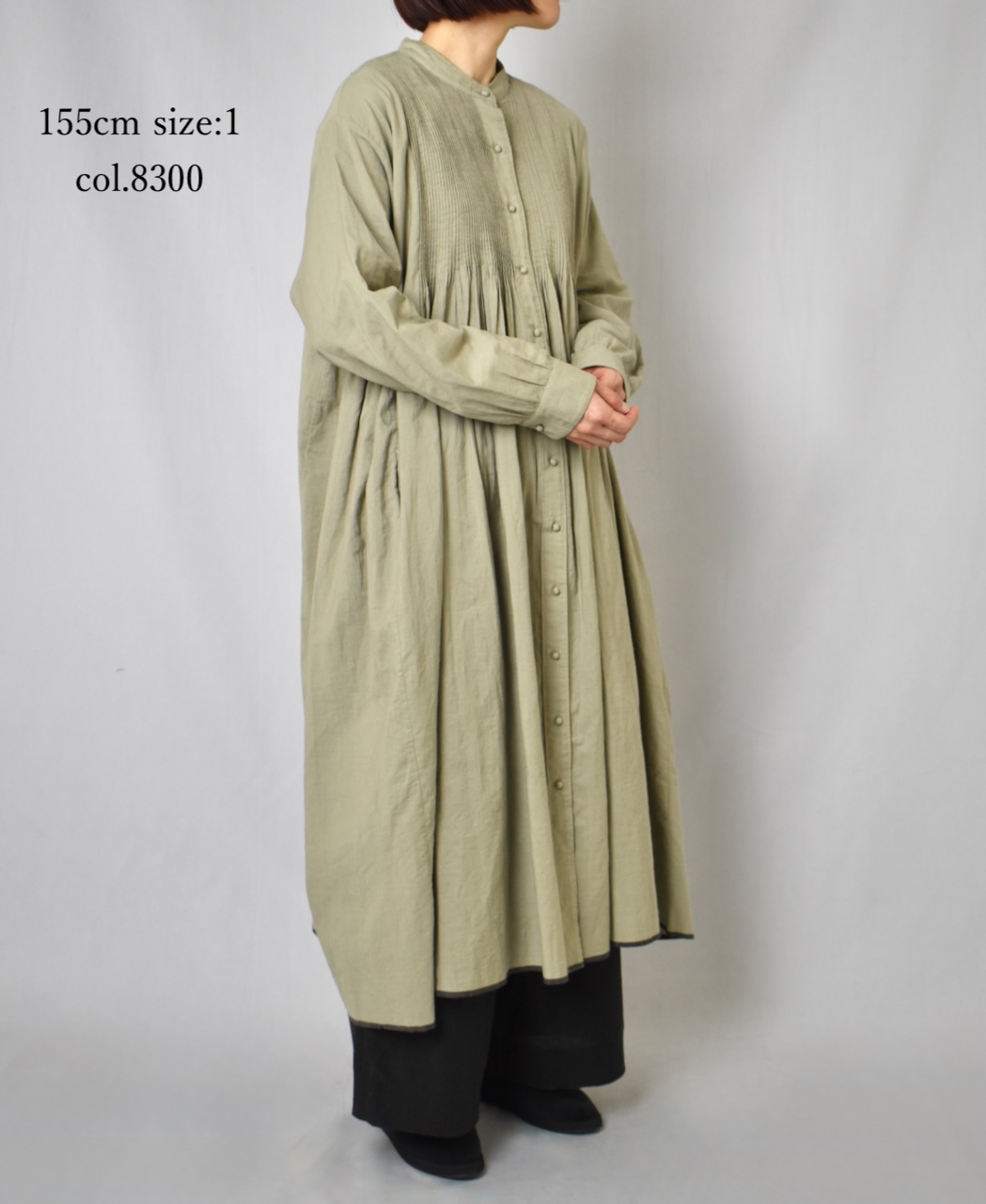 INMDS25724(ワンピース) HANDWOVEN HEAVY COTTON PLAIN MINI PINTUCK BANDED COLLAR SHIRT DRESS