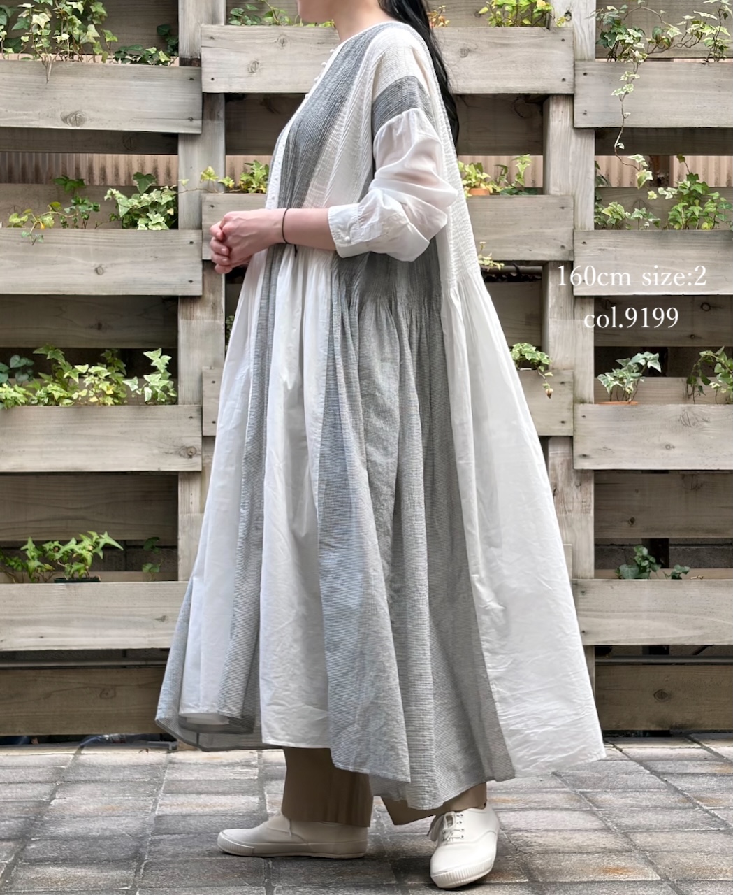 ●INMDS26112W(ワンピース) HANDWOVEN COTTON SINGLE CHECK PATCHWORK(WASHED) BALL BUTTON SHIRTS DRESS WITH MINI PINTUCK