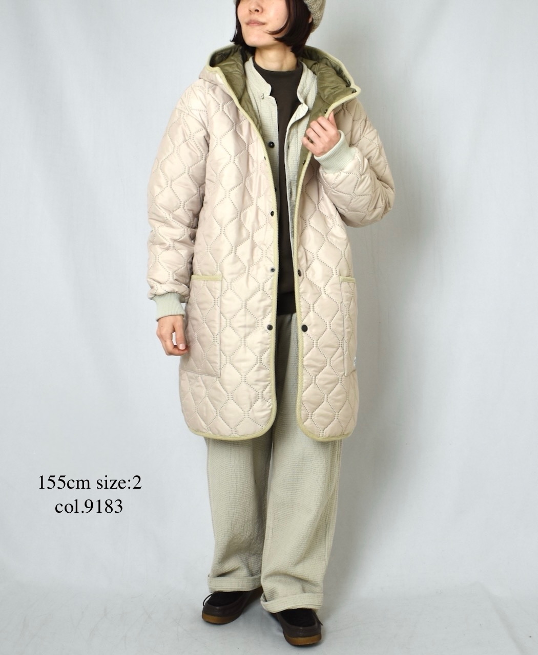 NAM2562PP(コート) PLAIN POLYESTERxPLAIN POLYESTER HEAT QUILT OVERSIZED MID-LENGTH HOODED COAT WITH RIBBED CUFF