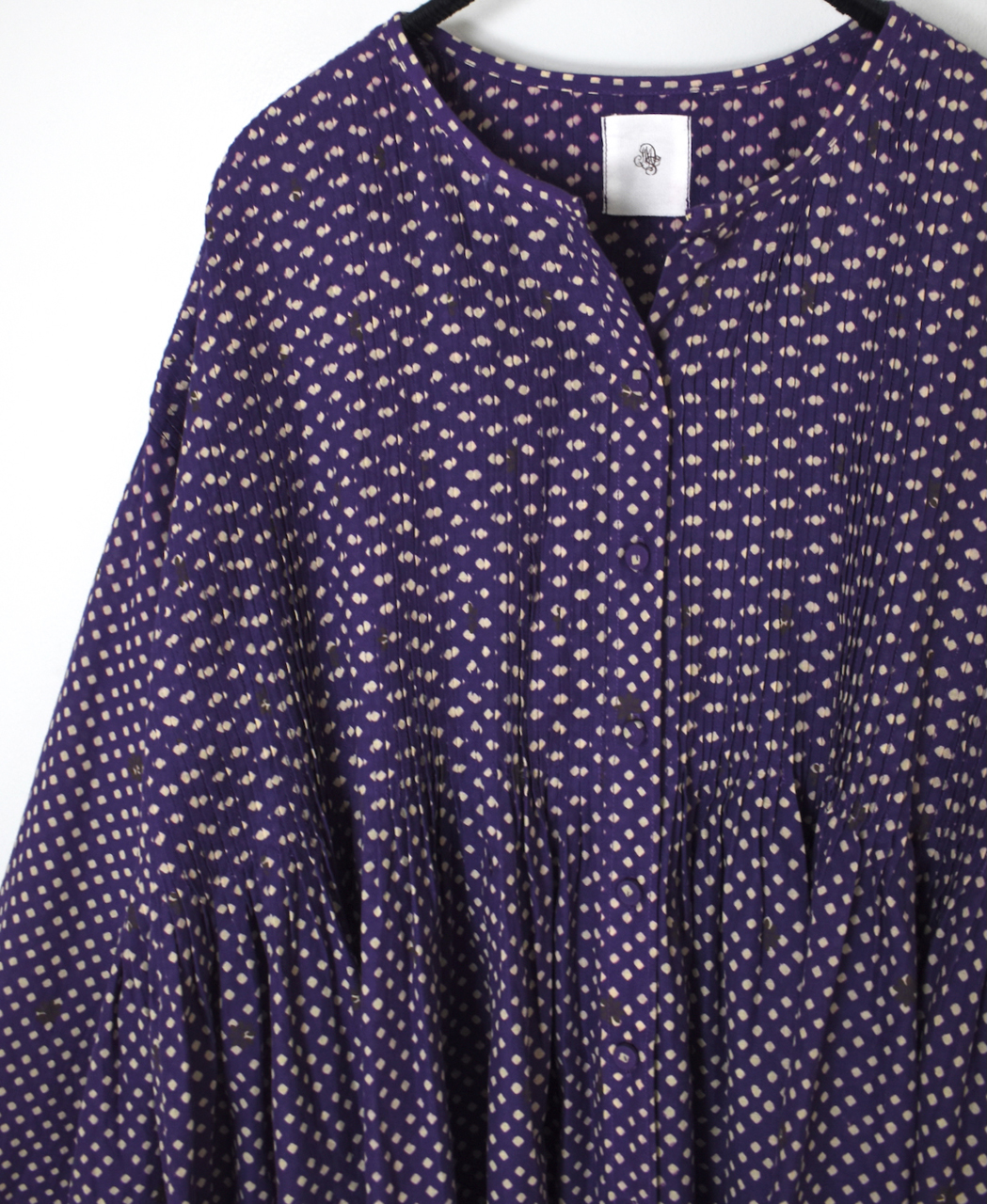 INMDS26083(シャツ) 80s VOILE SQUARE BLOCK PRINT CREW-NECK BUTTON SHIRTS WITH MINI PINTUCK