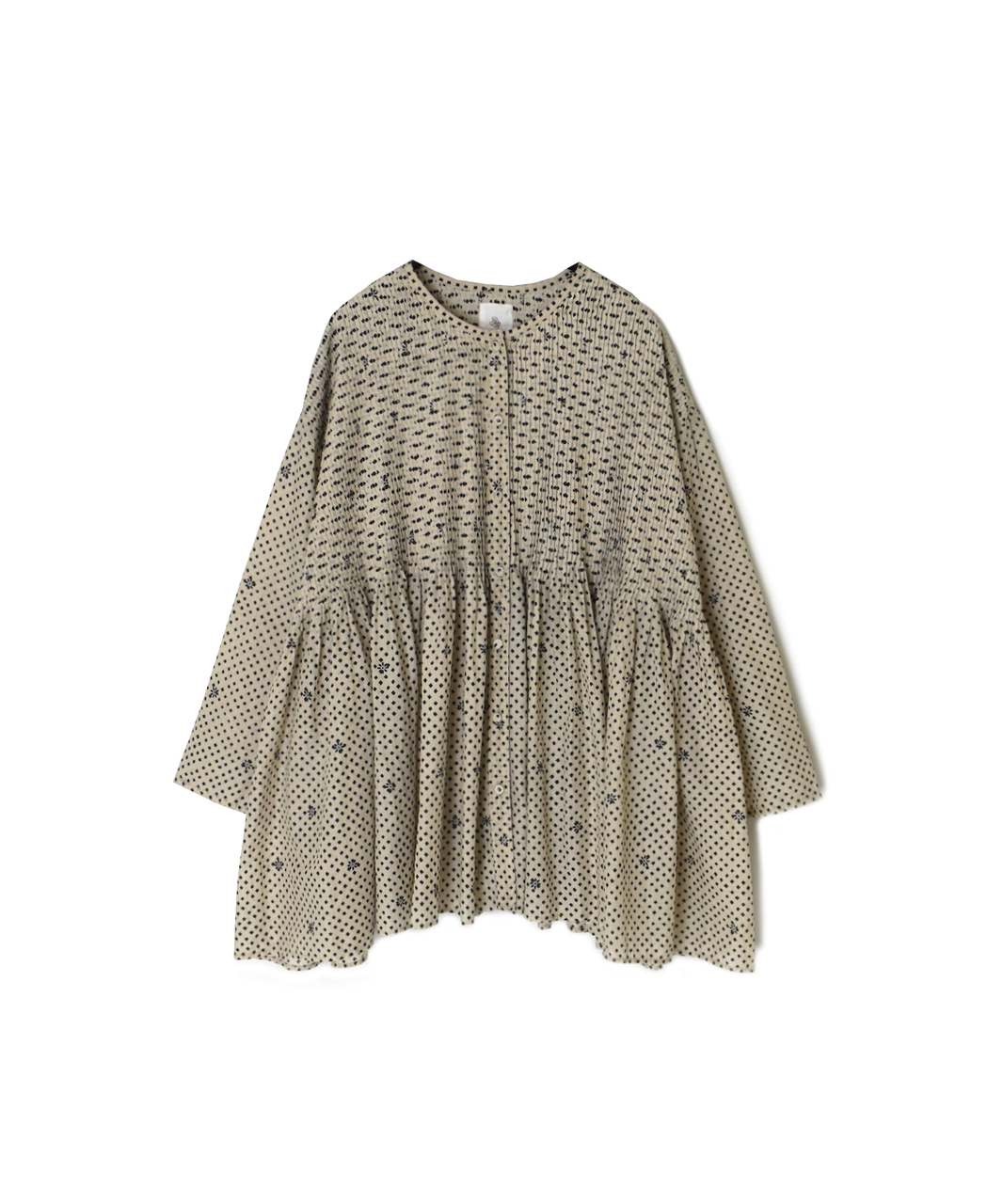 INMDS26083(シャツ) 80s VOILE SQUARE BLOCK PRINT CREW-NECK BUTTON SHIRTS WITH MINI PINTUCK
