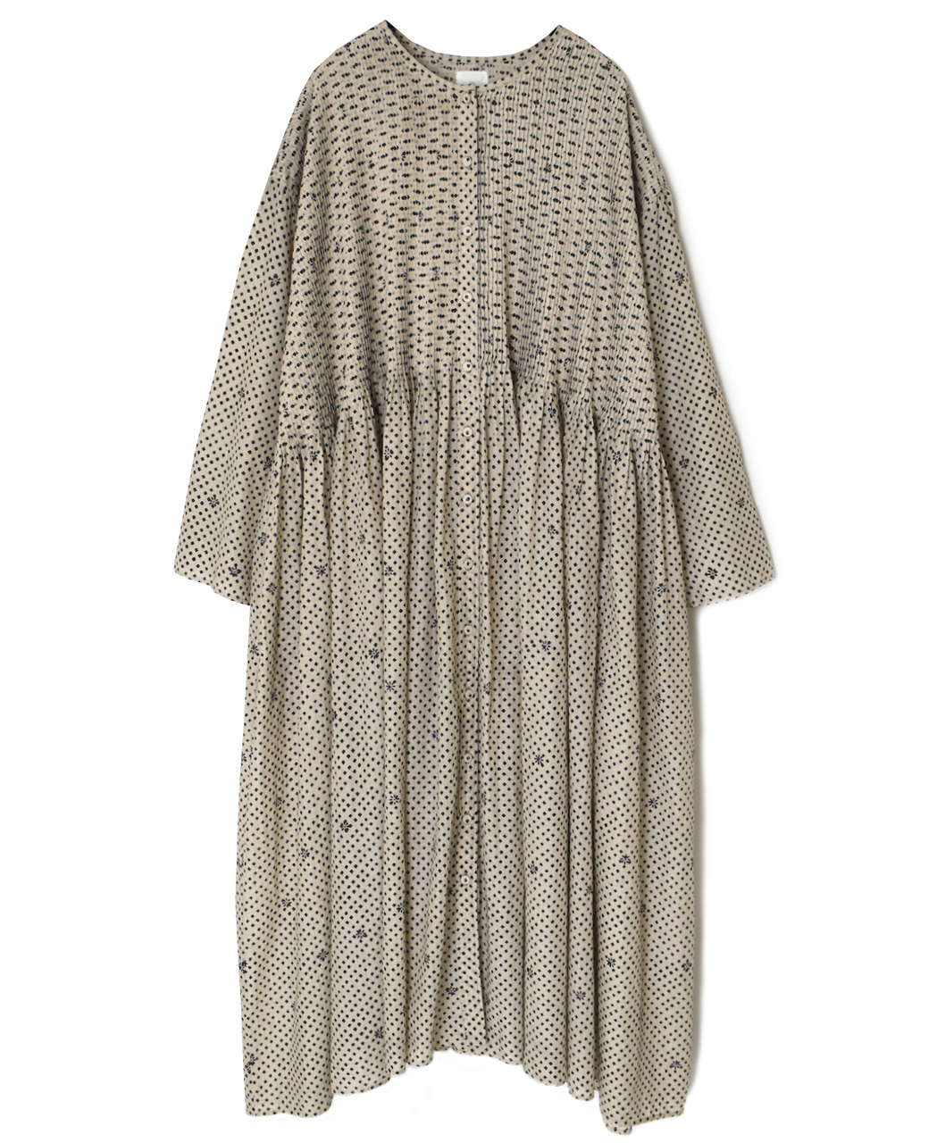 INMDS26084(ワンピース) 80s VOILE SQUARE BLOCK PRINT CREW-NECK BUTTON SHIRTS DRESS WITH MINI PINTUCK