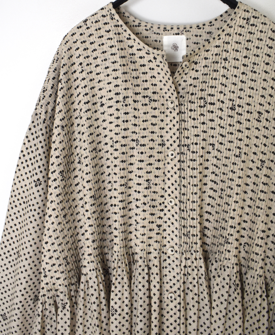 INMDS26084(ワンピース) 80s VOILE SQUARE BLOCK PRINT CREW-NECK BUTTON SHIRTS DRESS WITH MINI PINTUCK