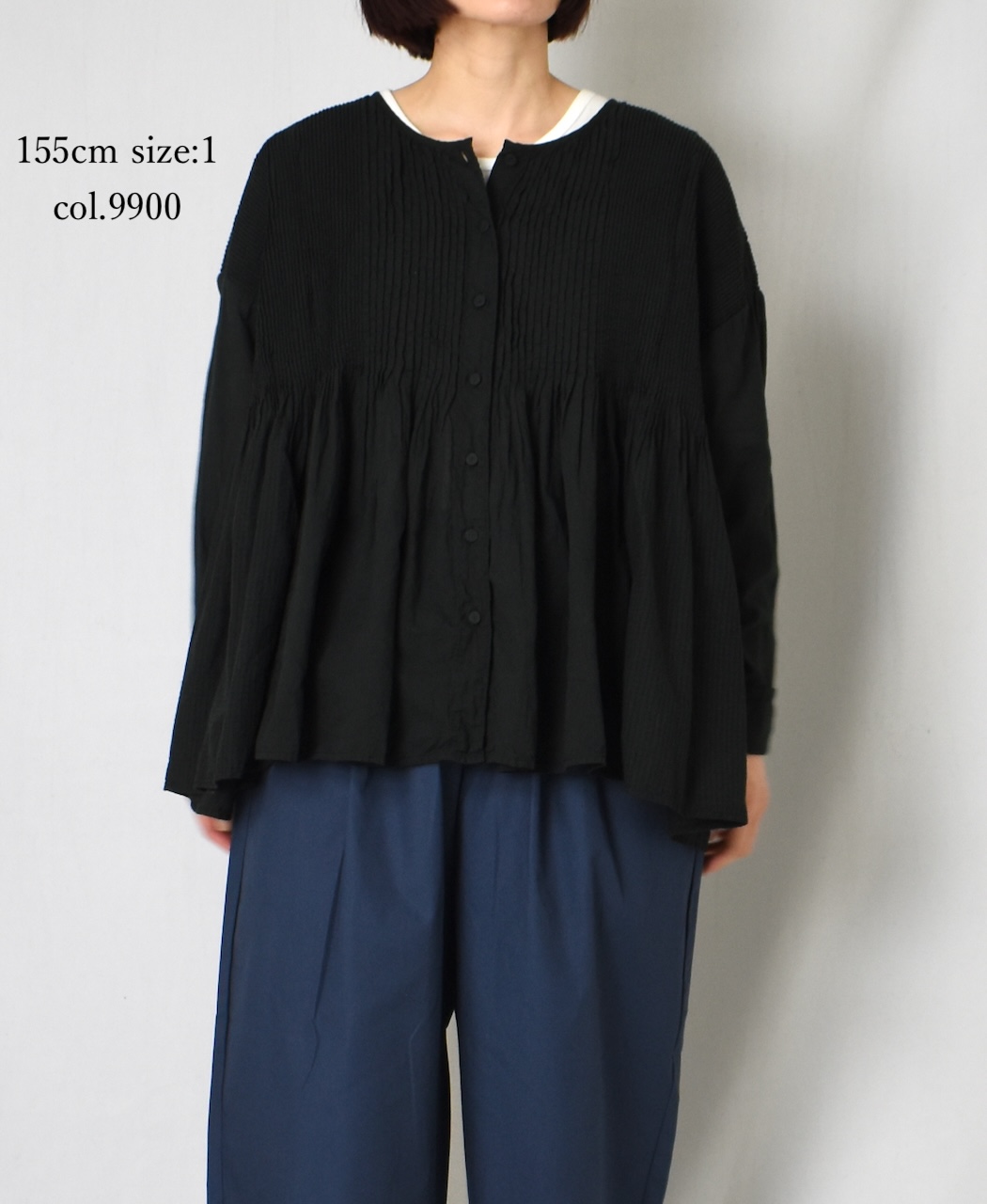 NMDS25513D(シャツ) 80s ORGANIC COTTON SMALL CHECK&VOILE PLAIN(OVER DYE) CREW NECK BUTTON SHIRT WITH PINTUCK