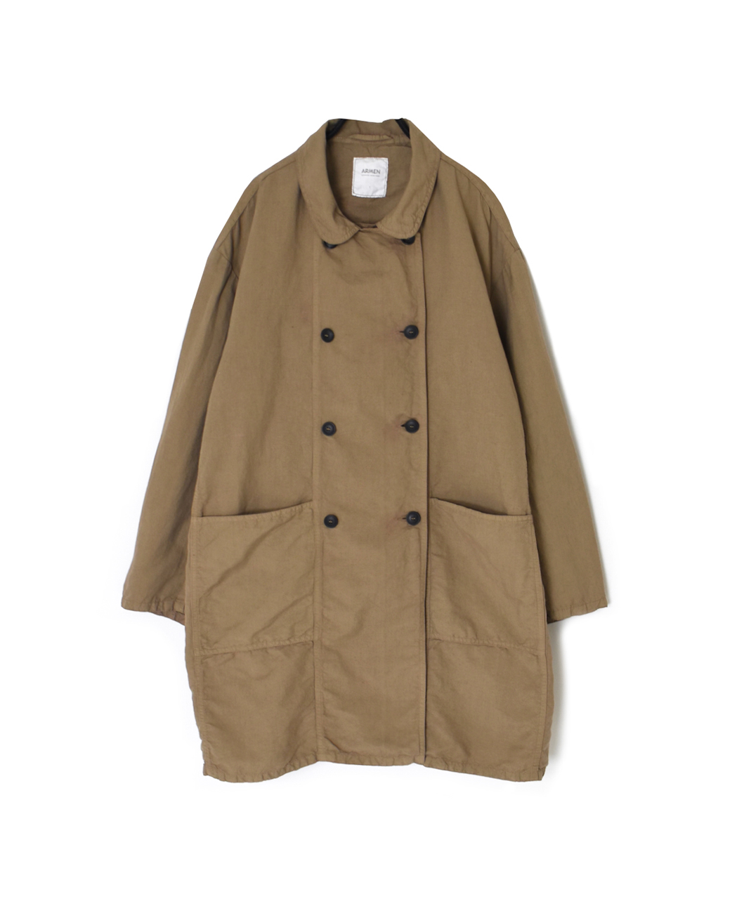 ISNAM2602D(ロングジャケット) LINEN COTTON PLAIN OVERDYE ROUND COLLAR DOUBLE LONG JACKET