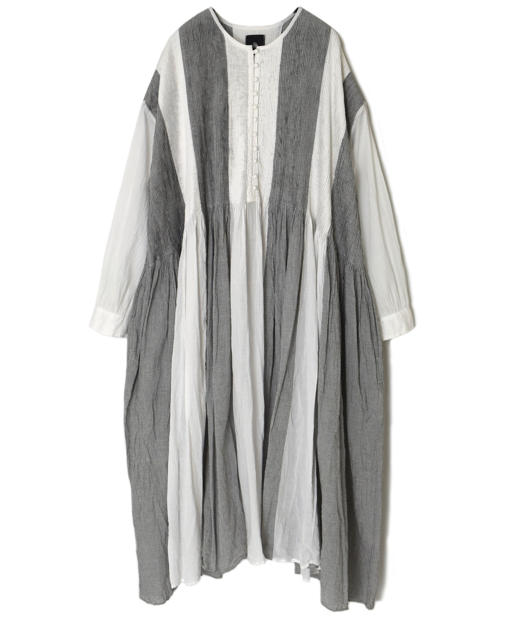 ●INMDS26112W(ワンピース) HANDWOVEN COTTON SINGLE CHECK PATCHWORK(WASHED) BALL BUTTON SHIRTS DRESS WITH MINI PINTUCK