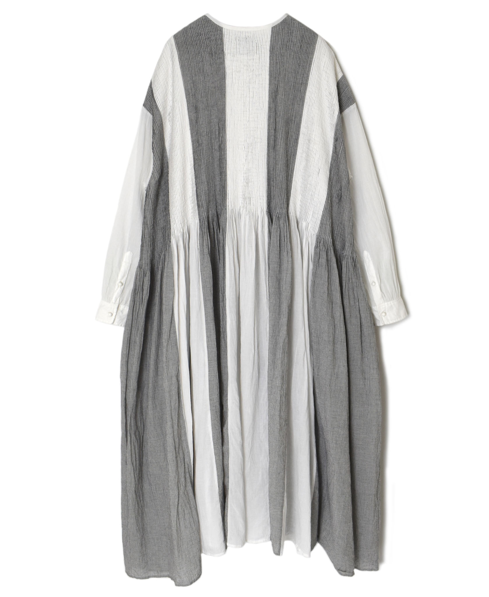 ●INMDS26112W(ワンピース) HANDWOVEN COTTON SINGLE CHECK PATCHWORK(WASHED) BALL BUTTON SHIRTS DRESS WITH MINI PINTUCK