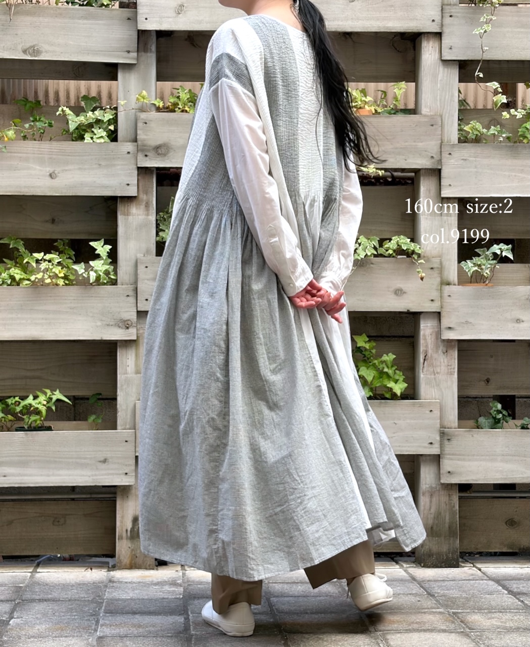 ●INMDS26112W(ワンピース) HANDWOVEN COTTON SINGLE CHECK PATCHWORK(WASHED) BALL BUTTON SHIRTS DRESS WITH MINI PINTUCK