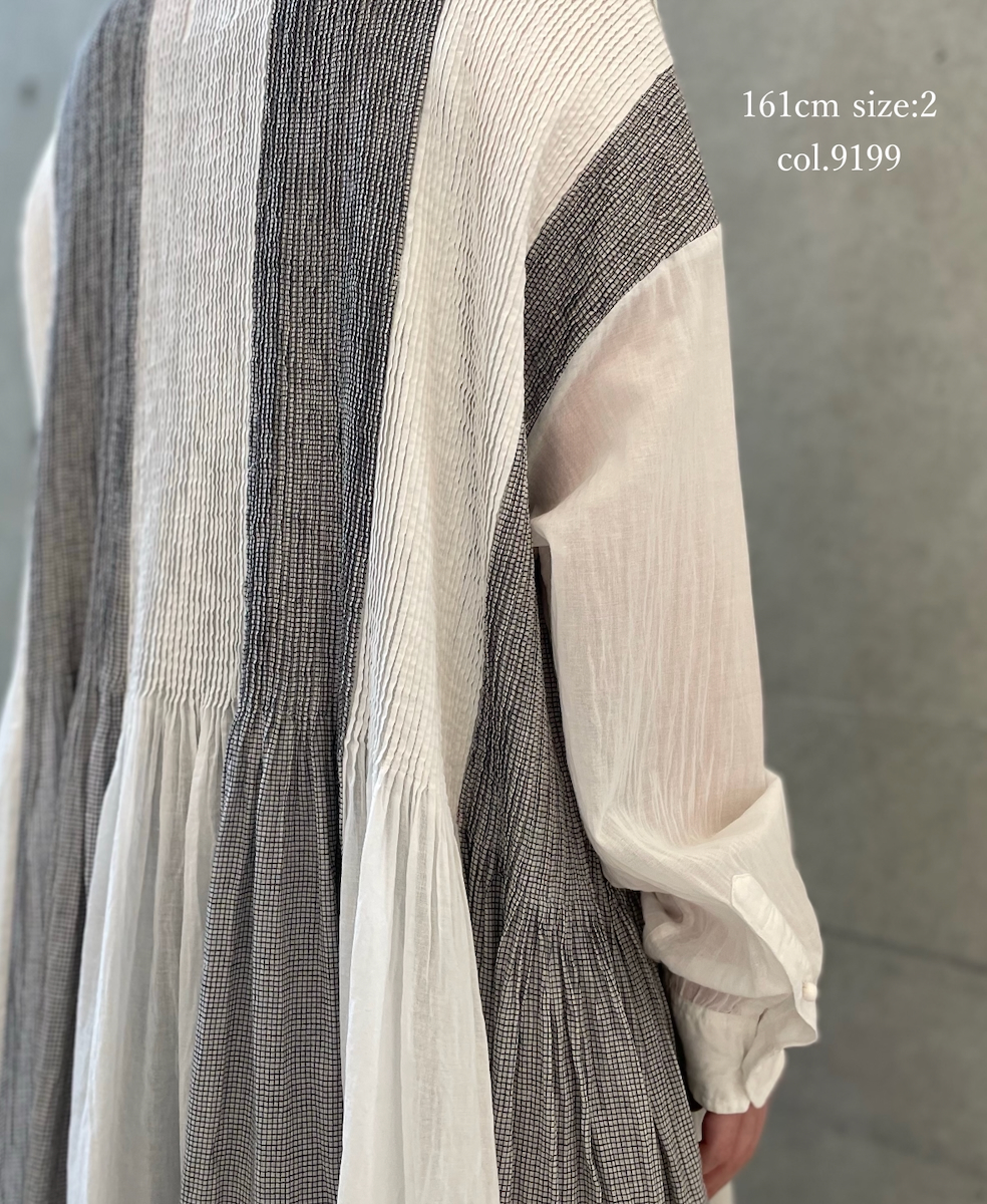 INMDS26112W(ワンピース) HANDWOVEN COTTON SINGLE CHECK PATCHWORK(WASHED) BALL BUTTON SHIRTS DRESS WITH MINI PINTUCK