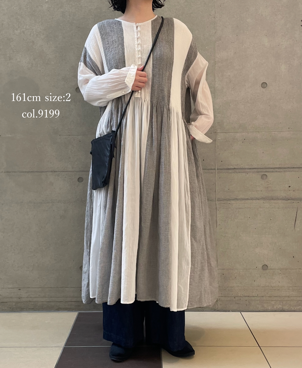 INMDS26112W(ワンピース) HANDWOVEN COTTON SINGLE CHECK PATCHWORK(WASHED) BALL BUTTON SHIRTS DRESS WITH MINI PINTUCK