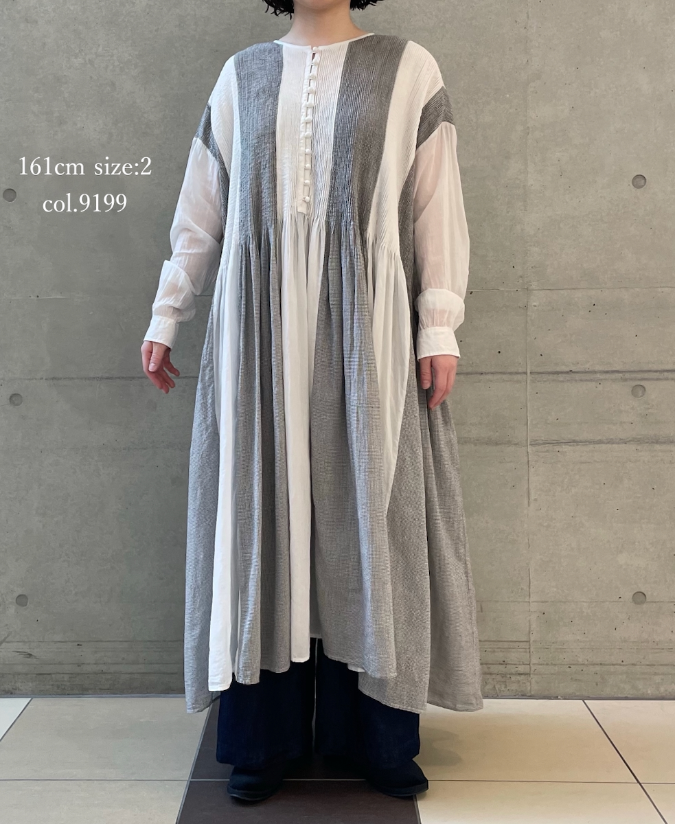 INMDS26112W(ワンピース) HANDWOVEN COTTON SINGLE CHECK PATCHWORK(WASHED) BALL BUTTON SHIRTS DRESS WITH MINI PINTUCK