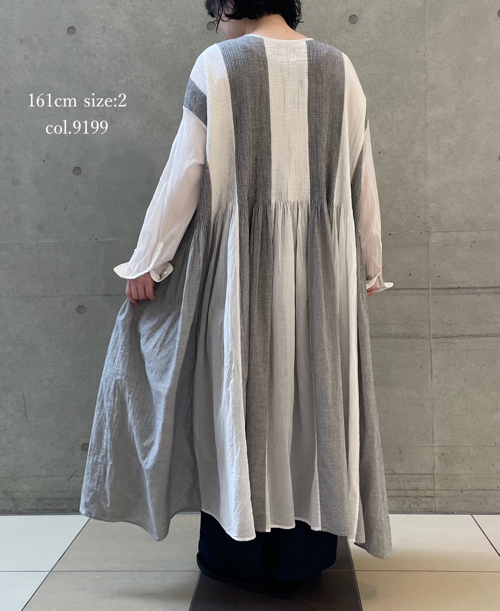 INMDS26112W(ワンピース) HANDWOVEN COTTON SINGLE CHECK PATCHWORK(WASHED) BALL BUTTON SHIRTS DRESS WITH MINI PINTUCK