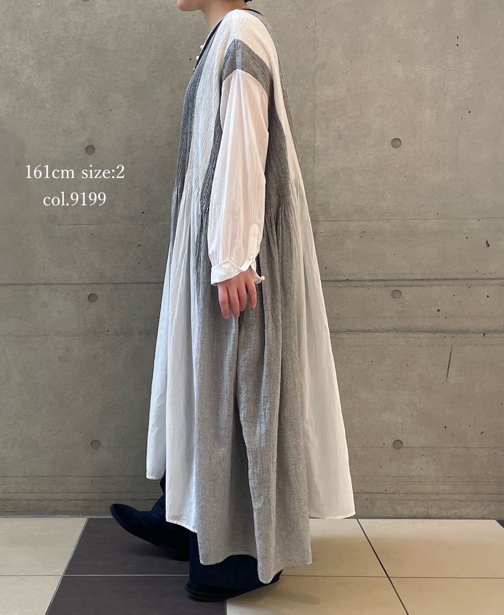 INMDS26112W(ワンピース) HANDWOVEN COTTON SINGLE CHECK PATCHWORK(WASHED) BALL BUTTON SHIRTS DRESS WITH MINI PINTUCK