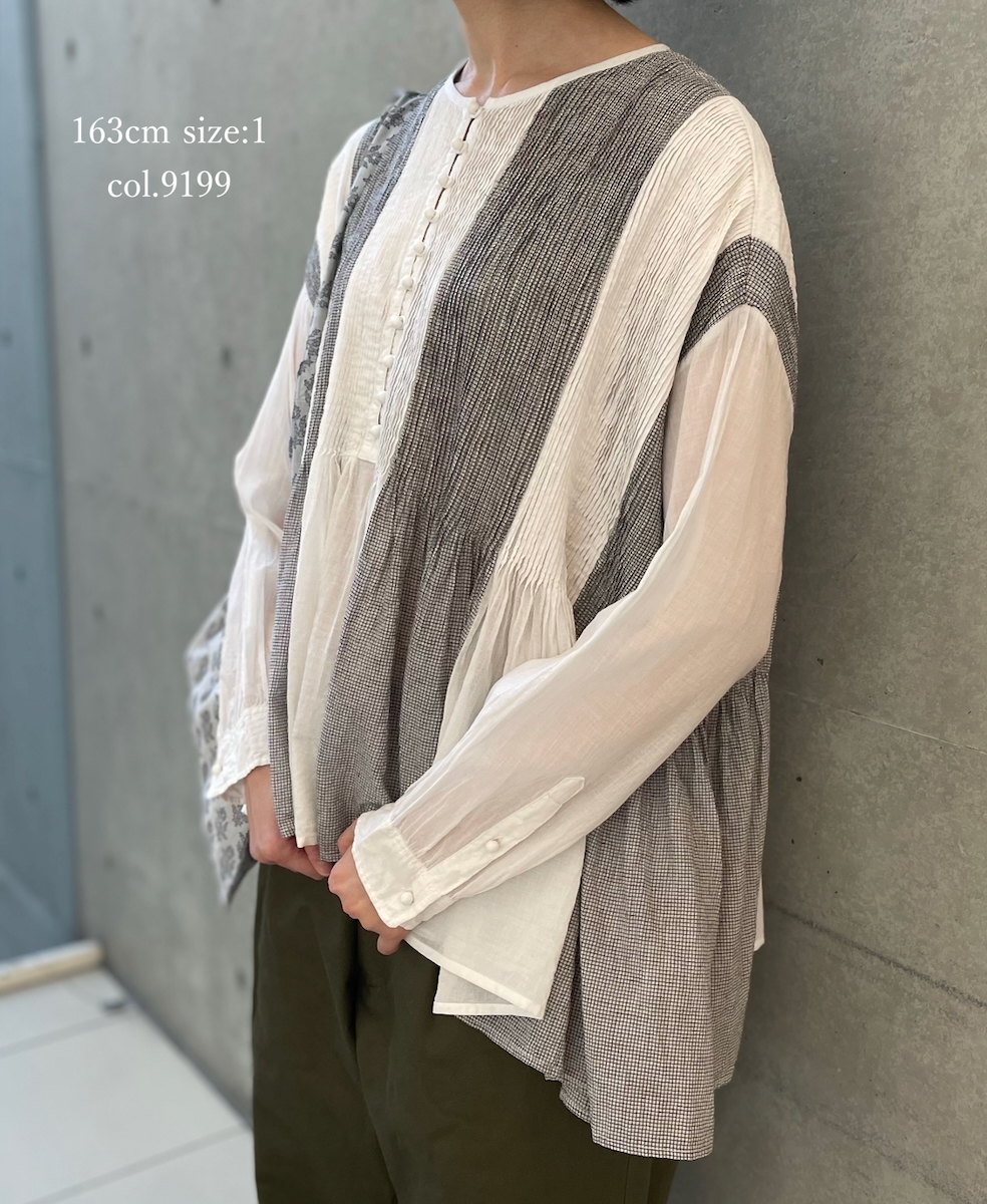 INMDS26111W(シャツ) HANDWOVEN COTTON SINGLE CHECK PATCHWORK(WASHED) BALL BUTTON SHIRTS WITH MINI PINTUCK