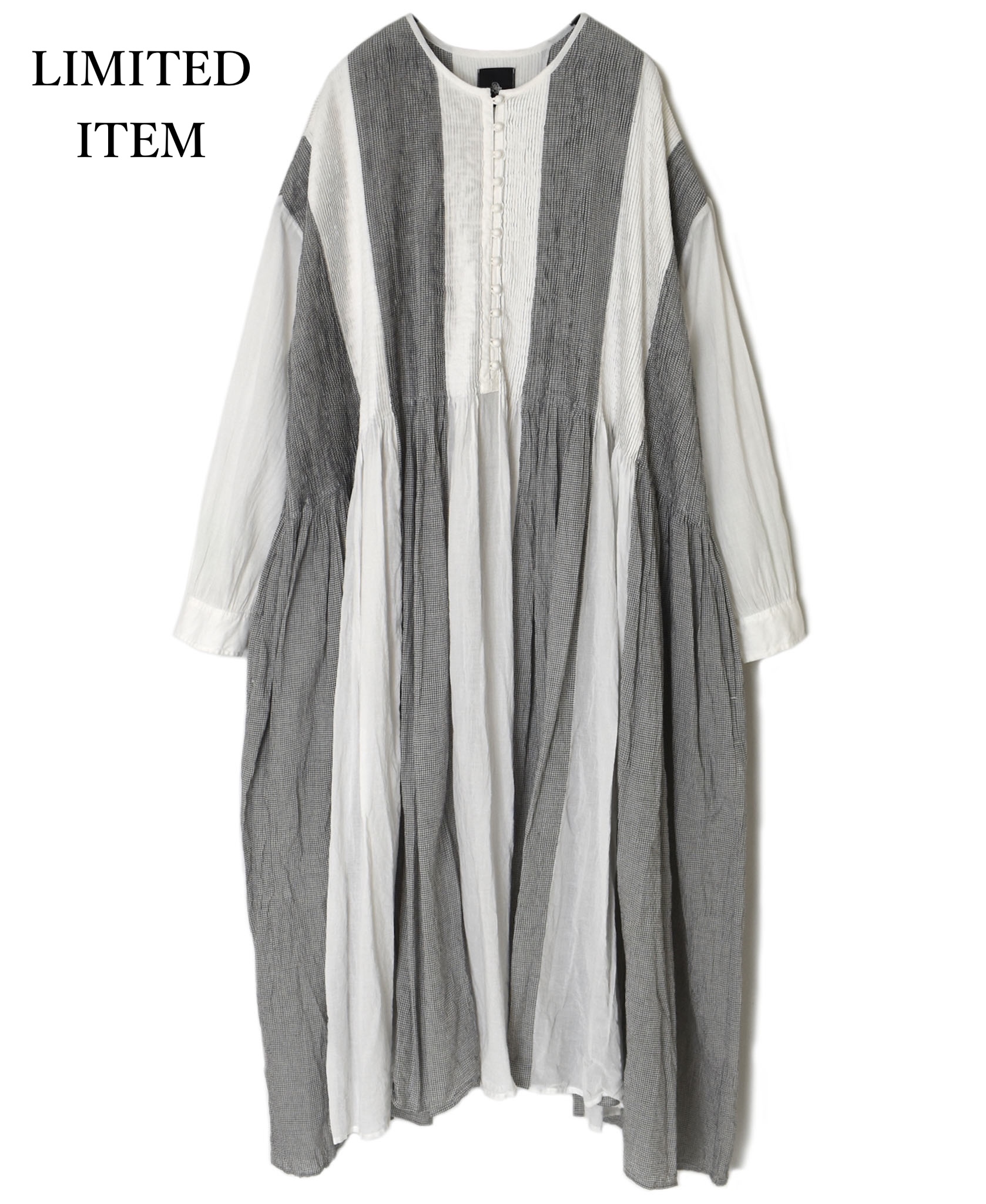 ●INMDS26112W(ワンピース) HANDWOVEN COTTON SINGLE CHECK PATCHWORK(WASHED) BALL BUTTON SHIRTS DRESS WITH MINI PINTUCK