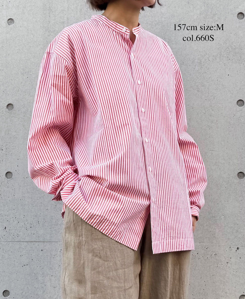 NVL2613(シャツ) POPLIN STRIPE BANDED COLLAR L/SL SHIRT