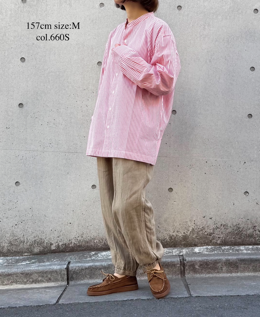 NVL2613(シャツ) POPLIN STRIPE BANDED COLLAR L/SL SHIRT